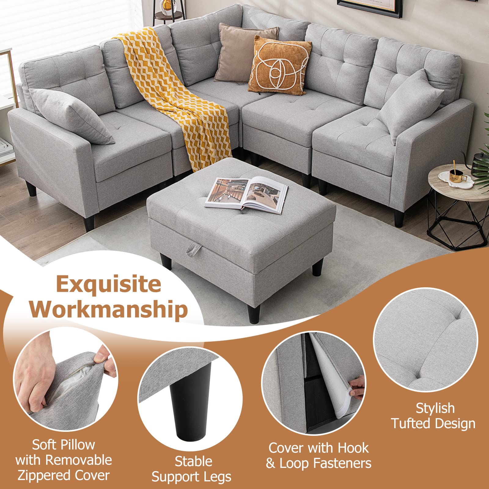 Modular Sectional Sofa Couch, Reversible L-Shaped Corner Sofa Set with Ottoman