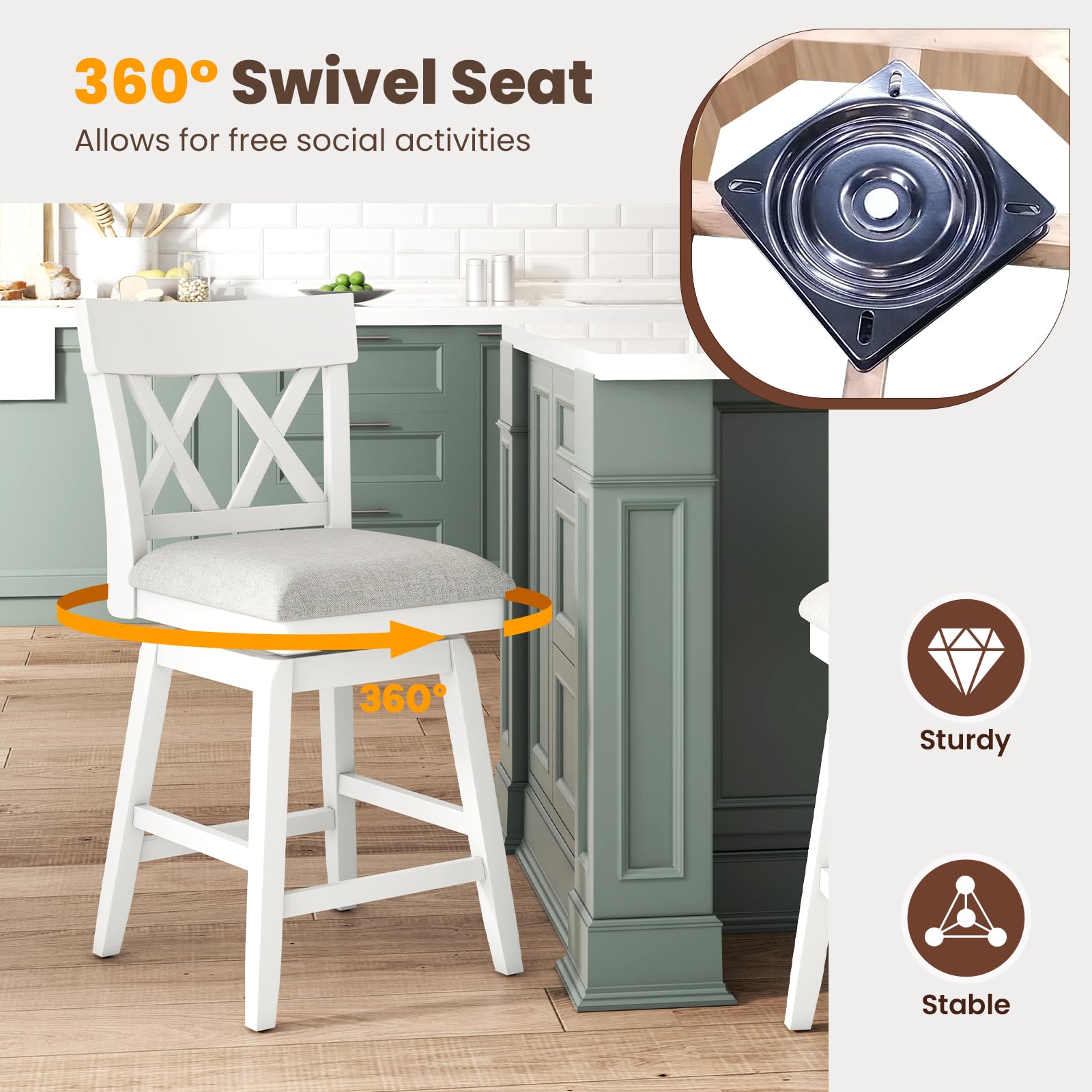 Swivel Counter Height Bar Stool with Contoured Backrest, Padded Seat & Rubber Wood Legs