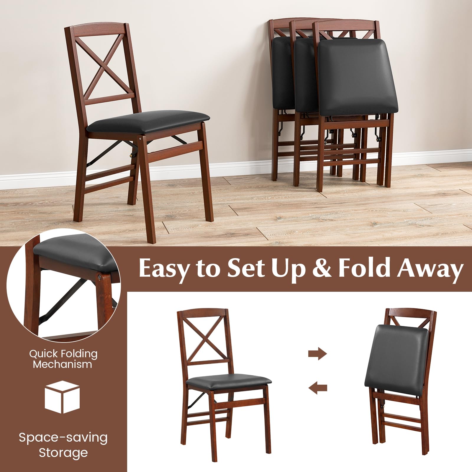 Folding Dining Chairs Set of 2/4, Foldable Wood Chairs with PVC Padded Seat & High Backrest