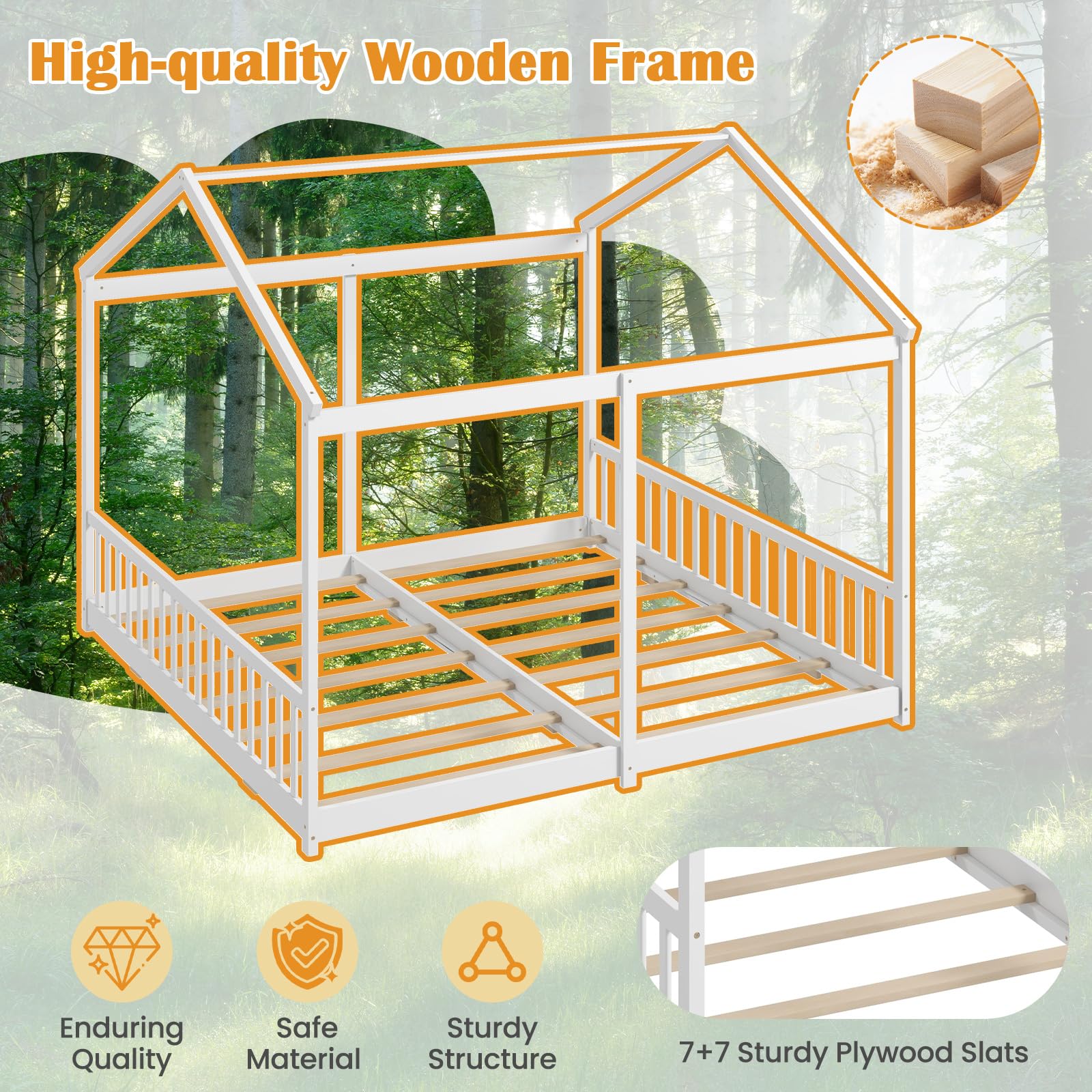 Double Twin Floor Beds for 2 Kids, Wood Twin Size House Beds with Safety Guardrails