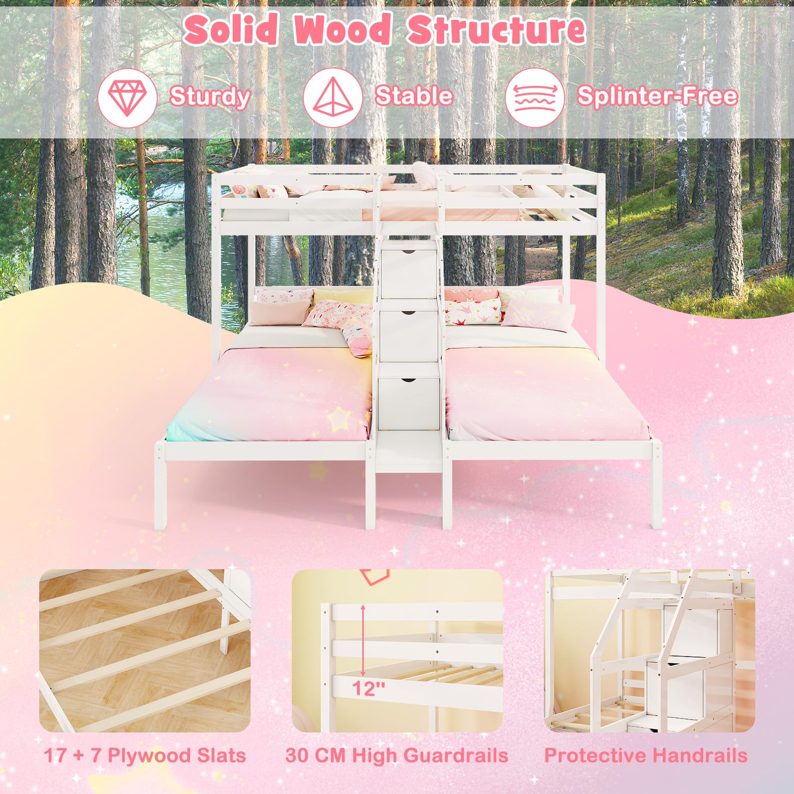 Triple Bunk Beds with 4-Step Storage Stair, Guardrail & Solid Wood Structure