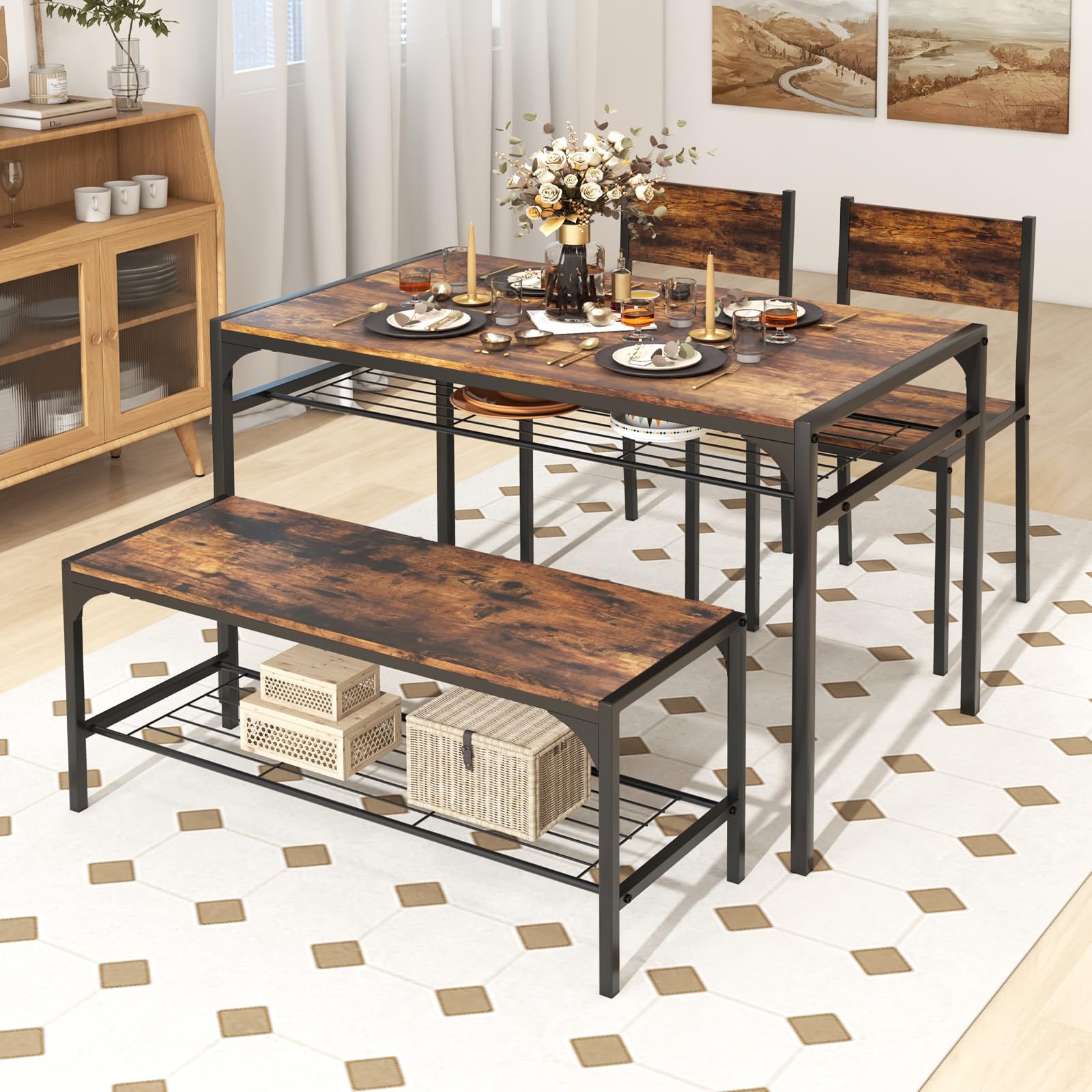 4 Pieces Dining Table Set, Kitchen Table and 2 Chairs for 4 with Bench, Storage Racks