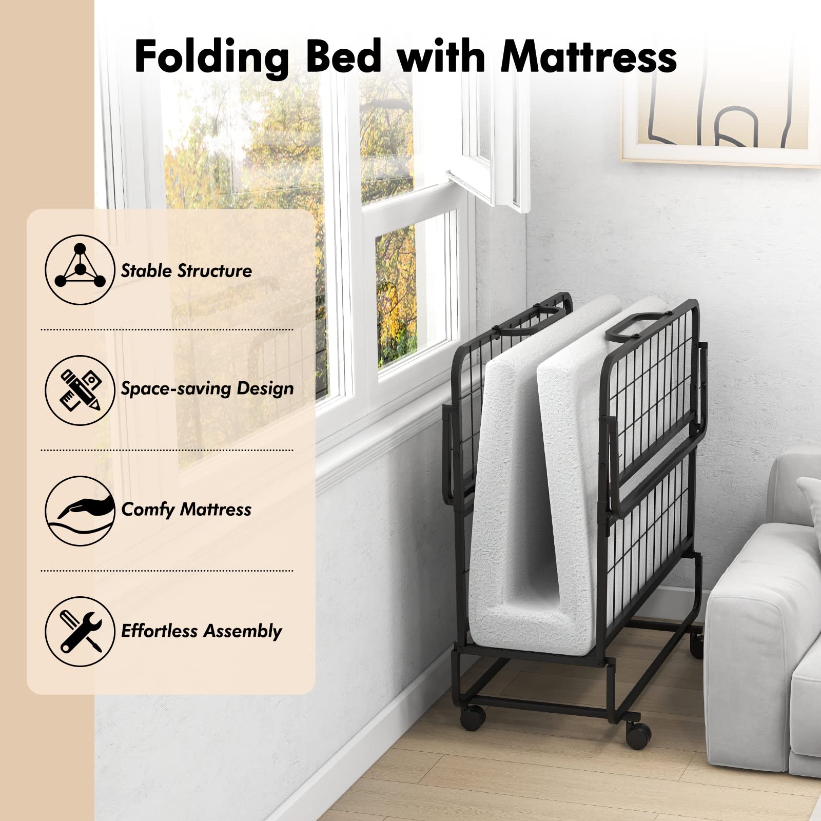 Folding Rollaway Bed with 4" Mattress, Twin Size Portable Bed with Rolling Casters