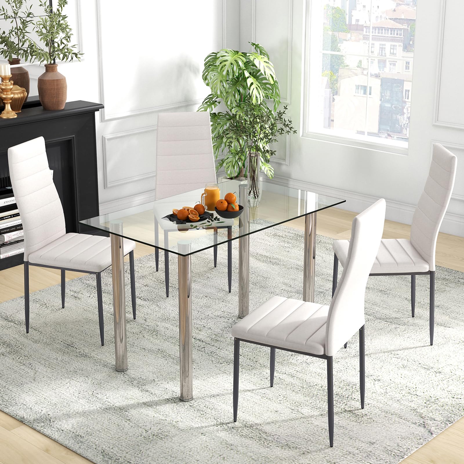 5 Piece Dining Table Sets, Modern Tempered Glass Top and PVC Leather Chair w/4 Chairs