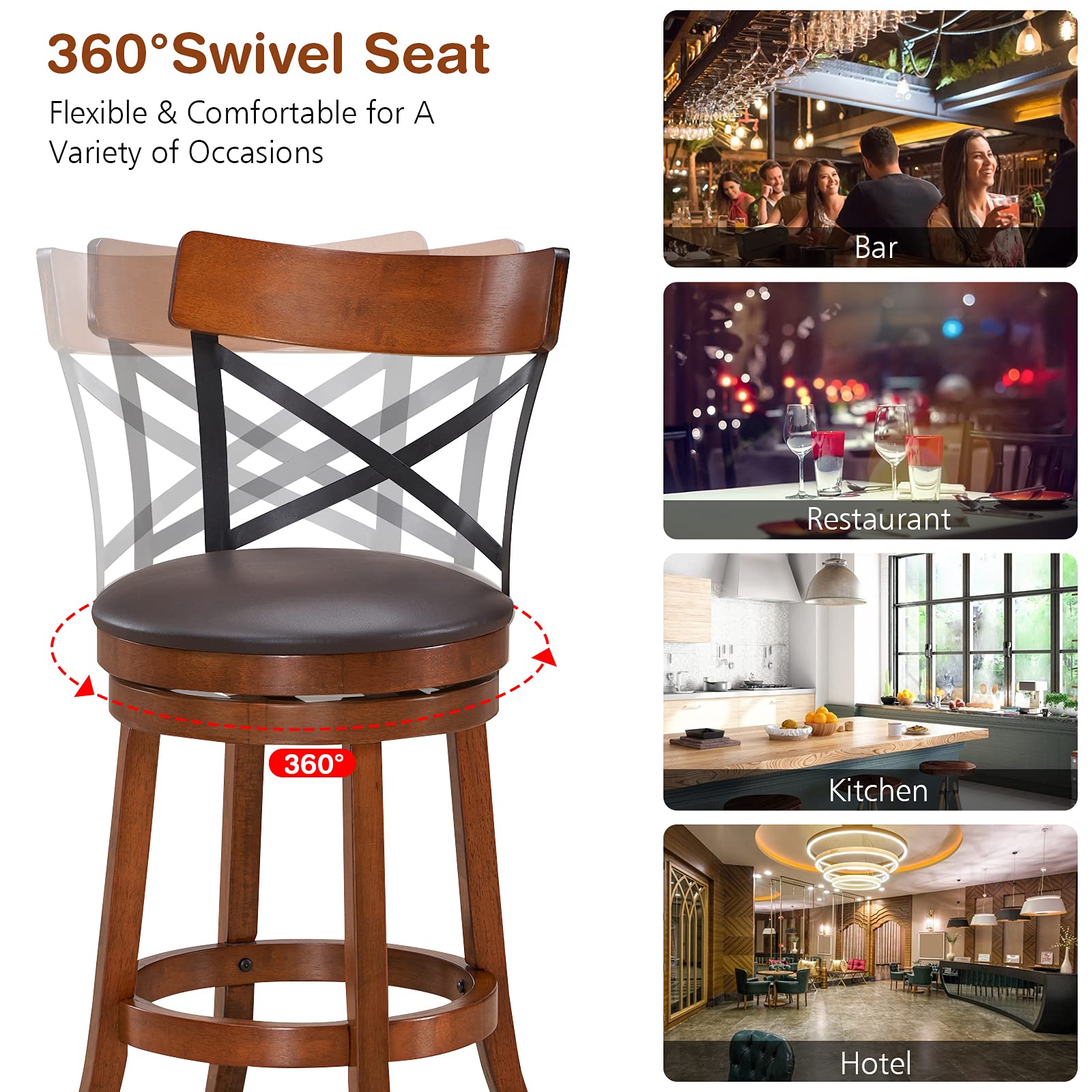 360-Degree Swivel Solid Wood  Bar Stool Set of 2/4 with Soft Cushion & Backrest