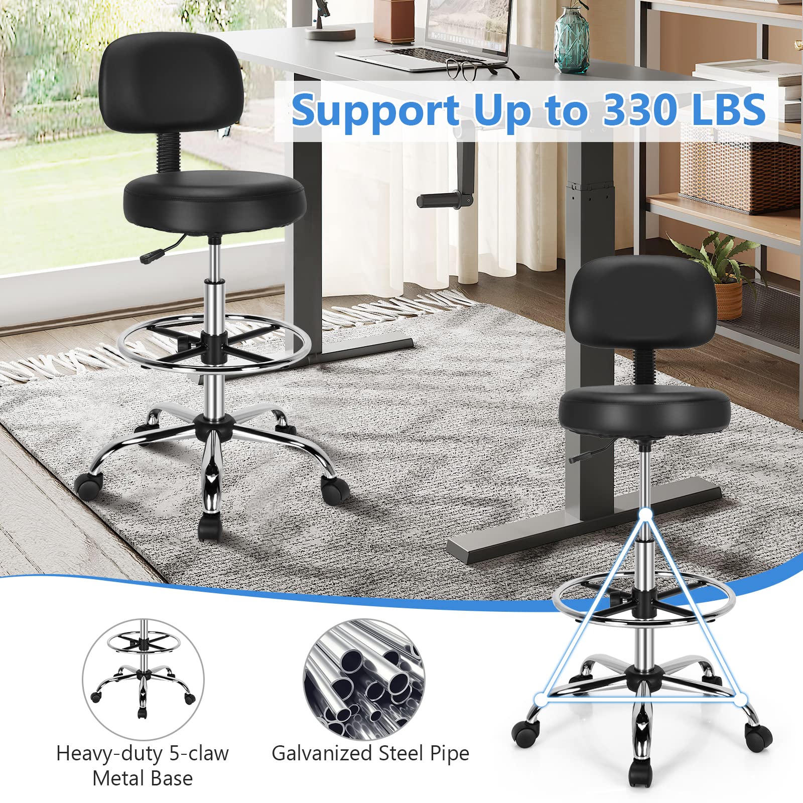 PU Leather Drafting Chair, Tall Office Chair with Retractable Mid Back, Standing Desk Chair with Adjustable Foot Ring
