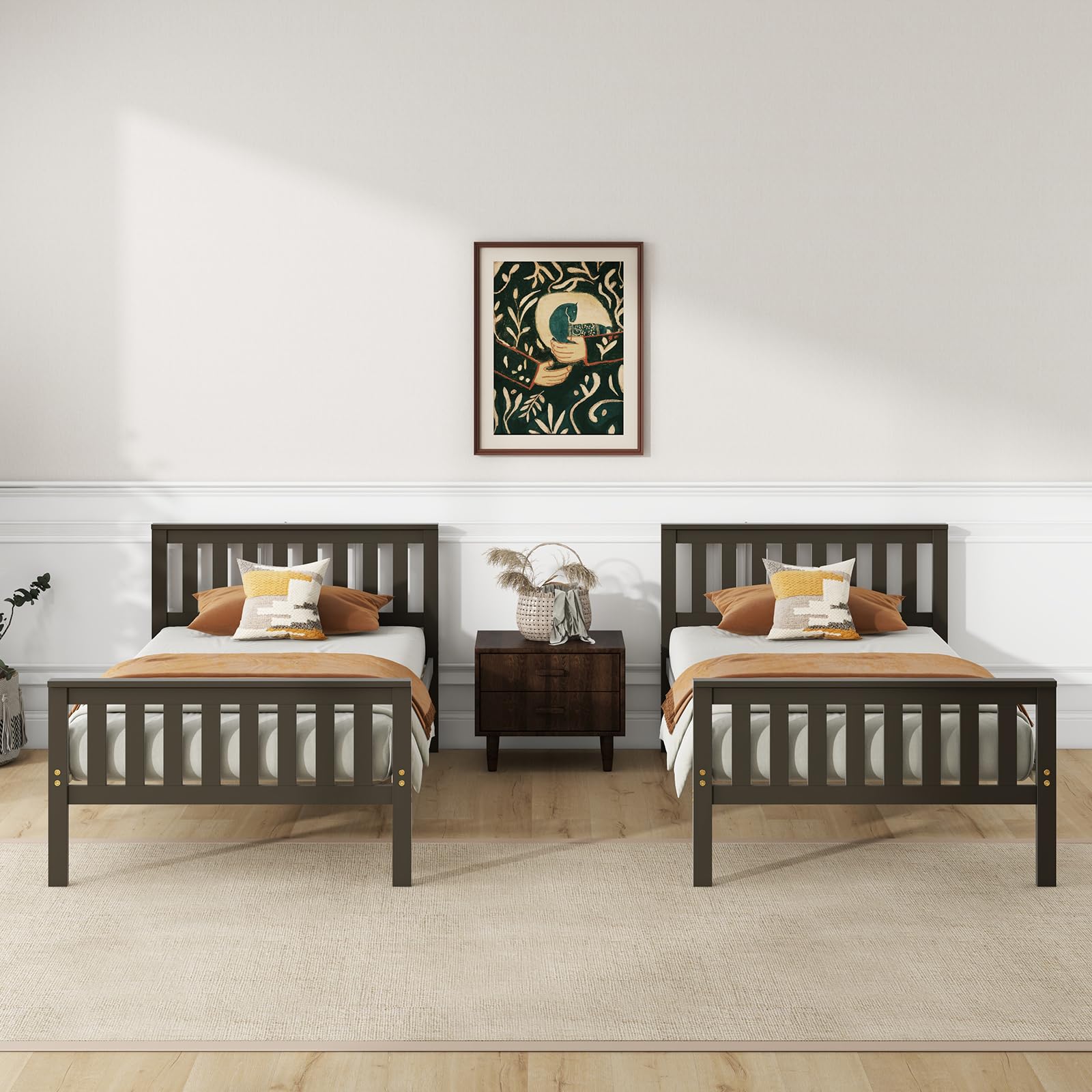 Wood Platform Bed Frame with Headboard, Wooden Slats Support, 12" Under-Bed Storage Space