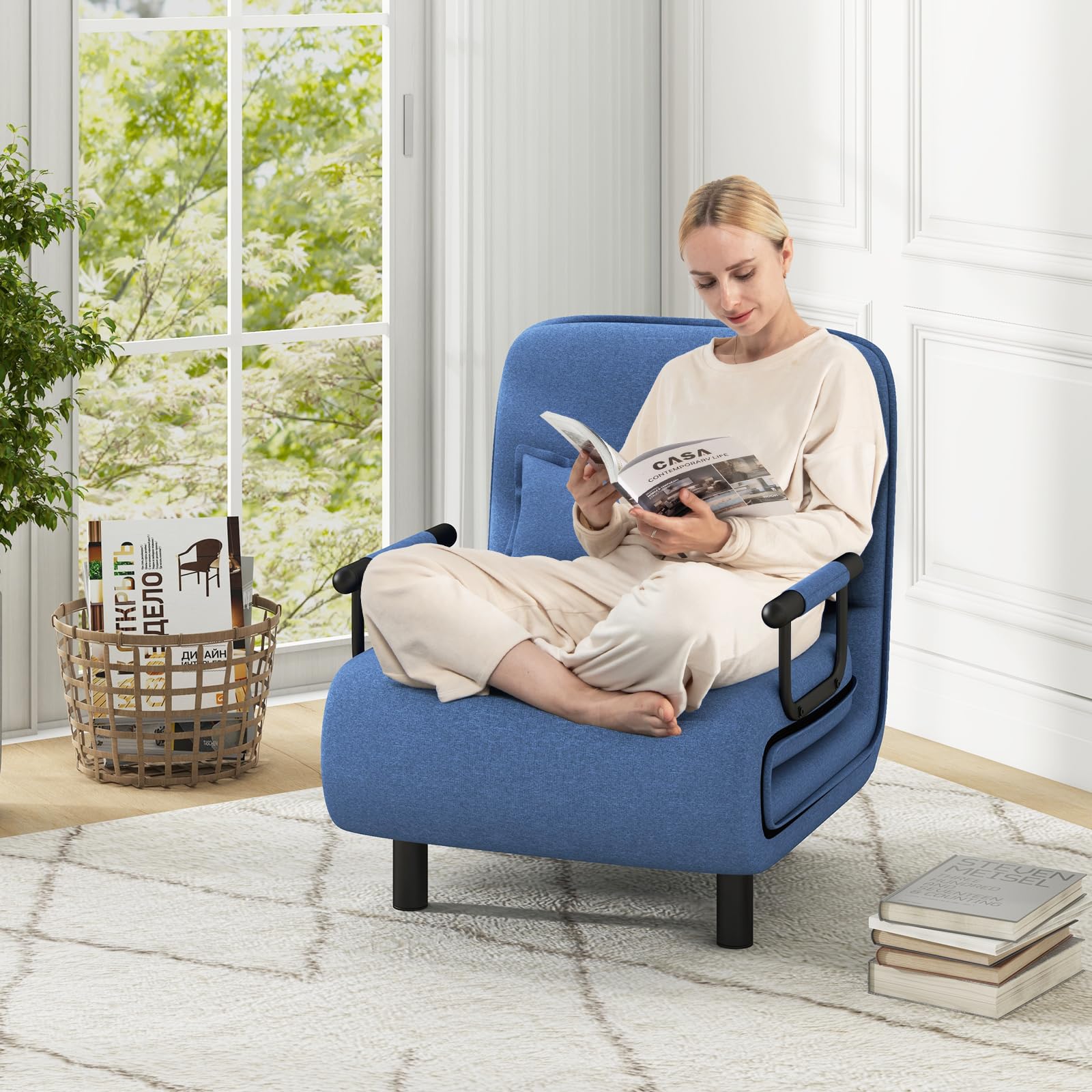 Convertible Chair Bed with 5-Position Adjustable Backrest & Lumbar Pillow, 2 Hidden Metal Legs & 2 Lockable Casters