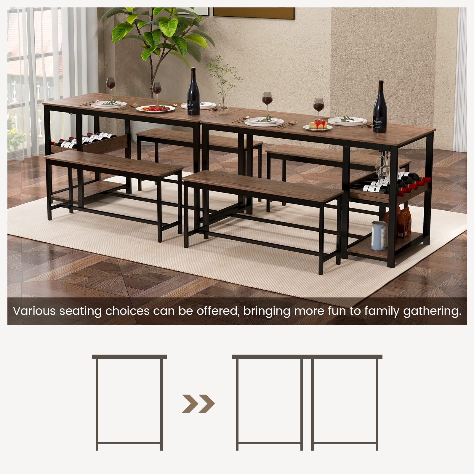 Dining Table Set for 4, 3-Piece 55" L Kitchen Table Set w/ 2 Benches, Breakfast Table w/ 5-Bottle Wine Rack & Glass Holder