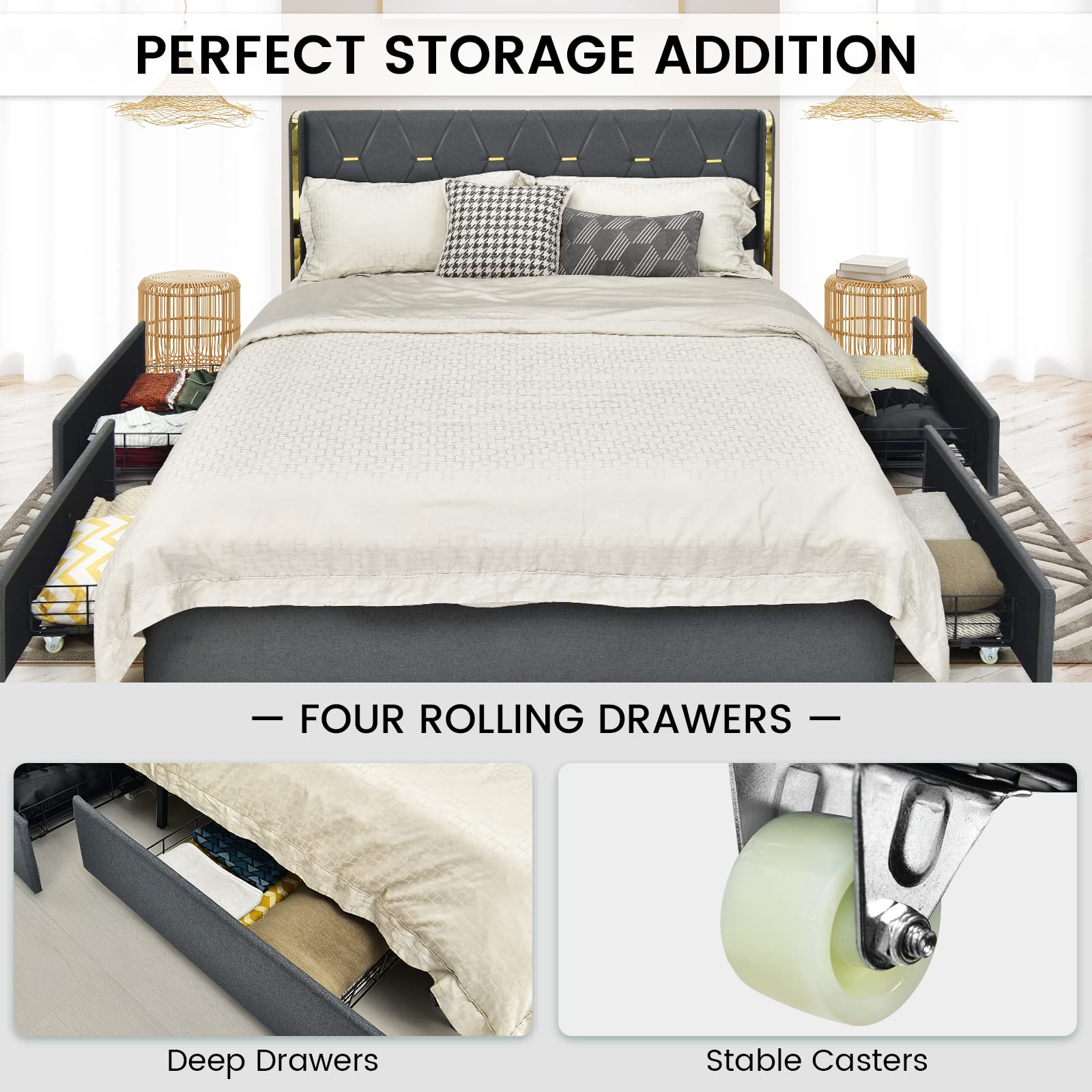 Full/Queen Upholstered Bed Frame with 4 Rolling Storage Drawers, Space Saving PU Leather Bed Frame