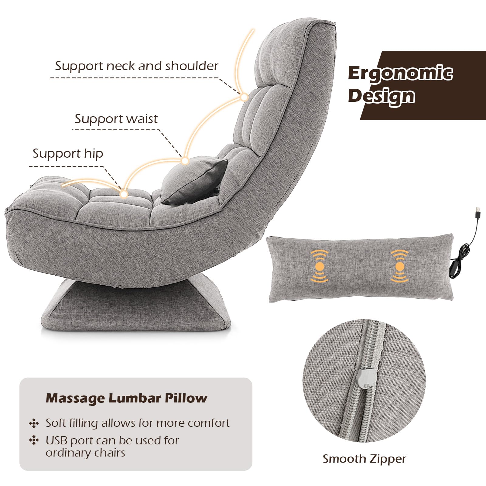 Adjustable Swivel Floor Chair, 5 Position Video Game Chair with Massage Lumbar Pillow, Swivel Base, Steel Frame