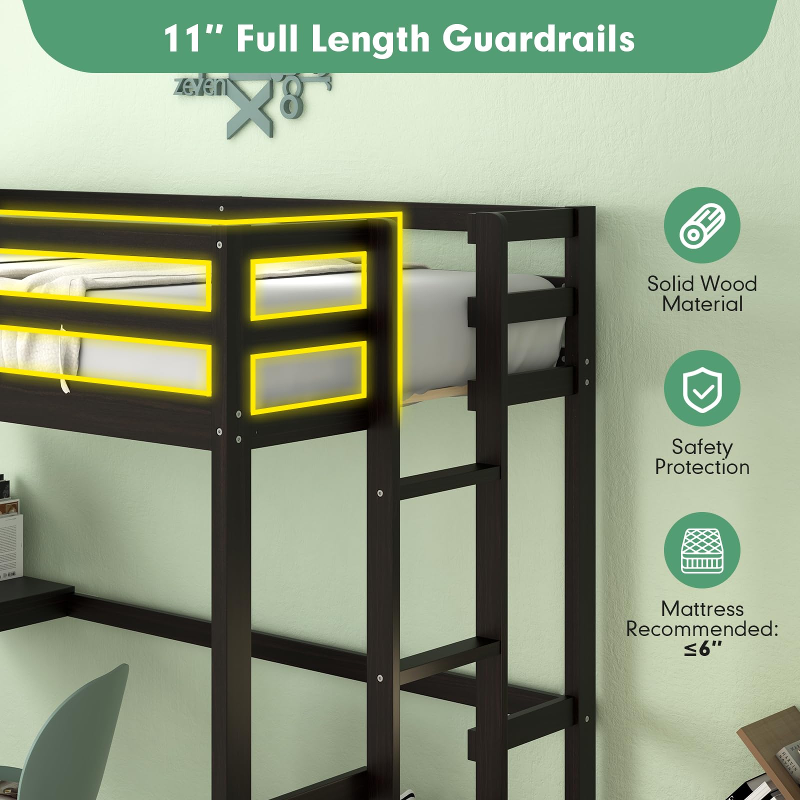 Twin Size Wood Loft Bed with Desk, 2 Ladders, Full Length Guardrail for Kids Teens Adults