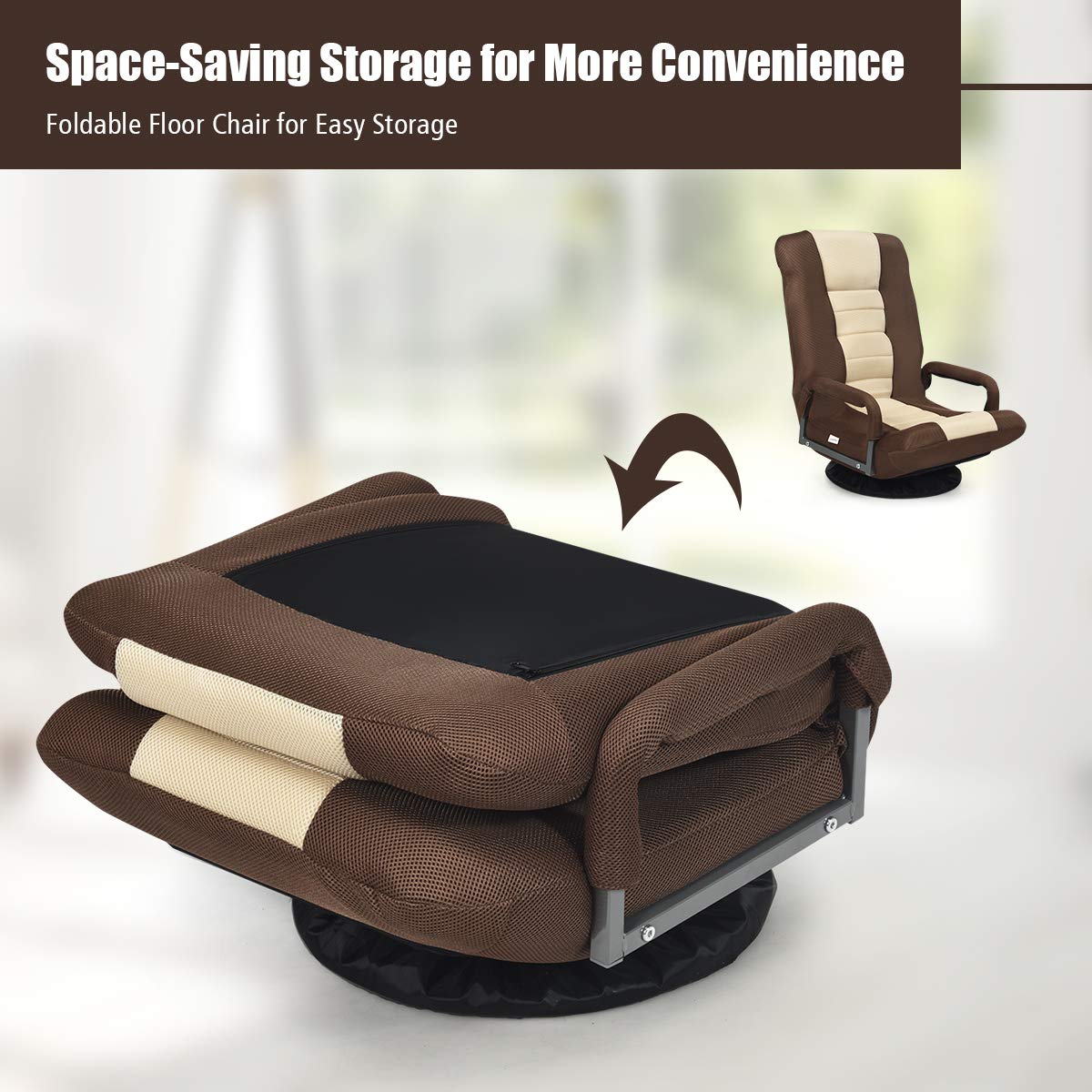 360-Degree Foldable Swivel Gaming Floor Chair With 6 Adjustable Position, Armrests, Padded Backrest