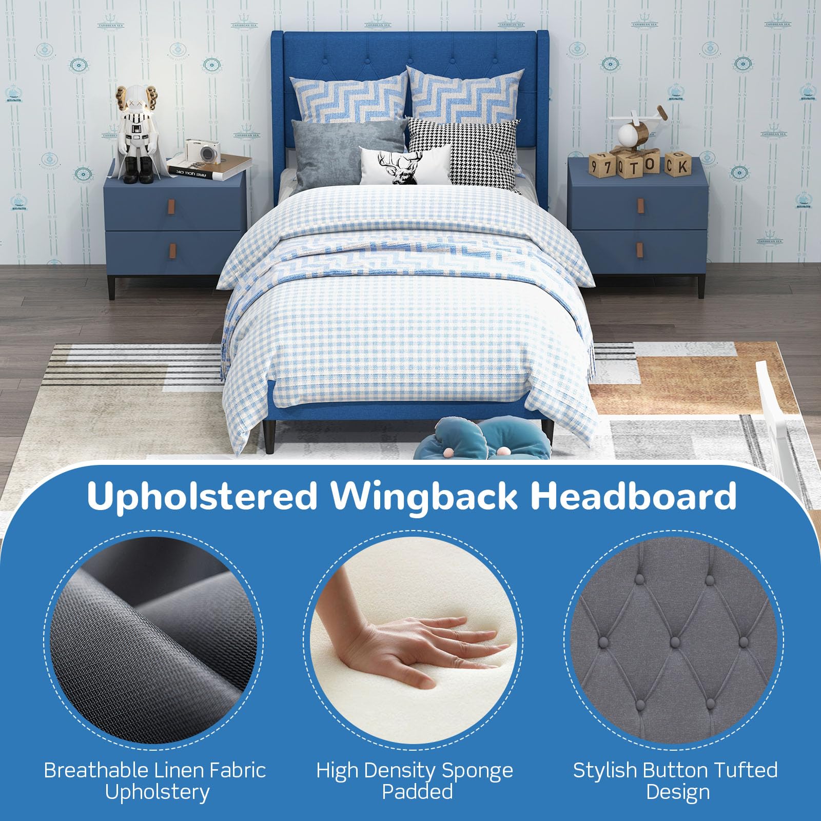 Upholstered Platform Bed with Button Tufted Wingback Headboard