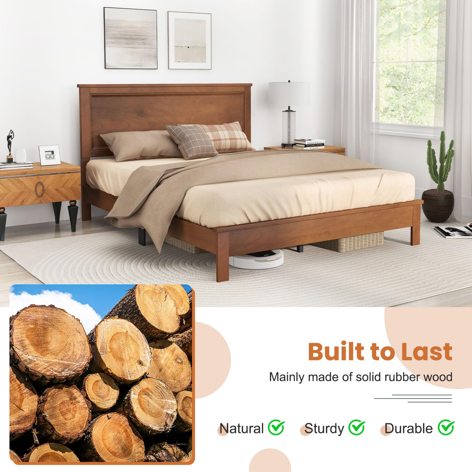 Wood Platform Bed Frame with Headboard, Mid Century Platform Bed Frame with Solid Wood Legs & Wooden Slat Support