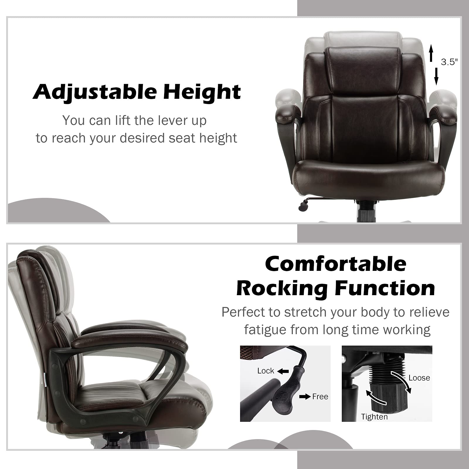 Leather Modern Executive Chair, Ergonomic Mid Back Computer Desk Chair w/Padded Armrests