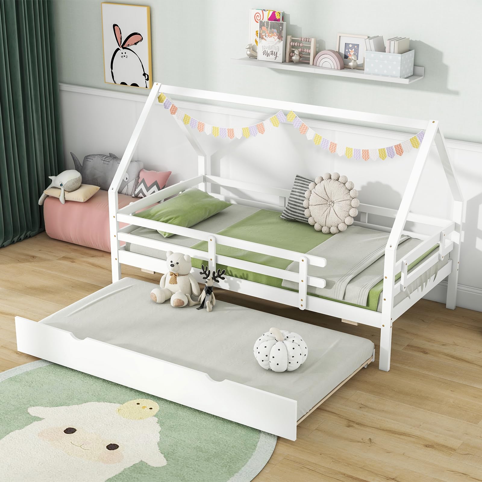 House Bed with Trundle Wood Bed Frame with Safety Rails & Roof