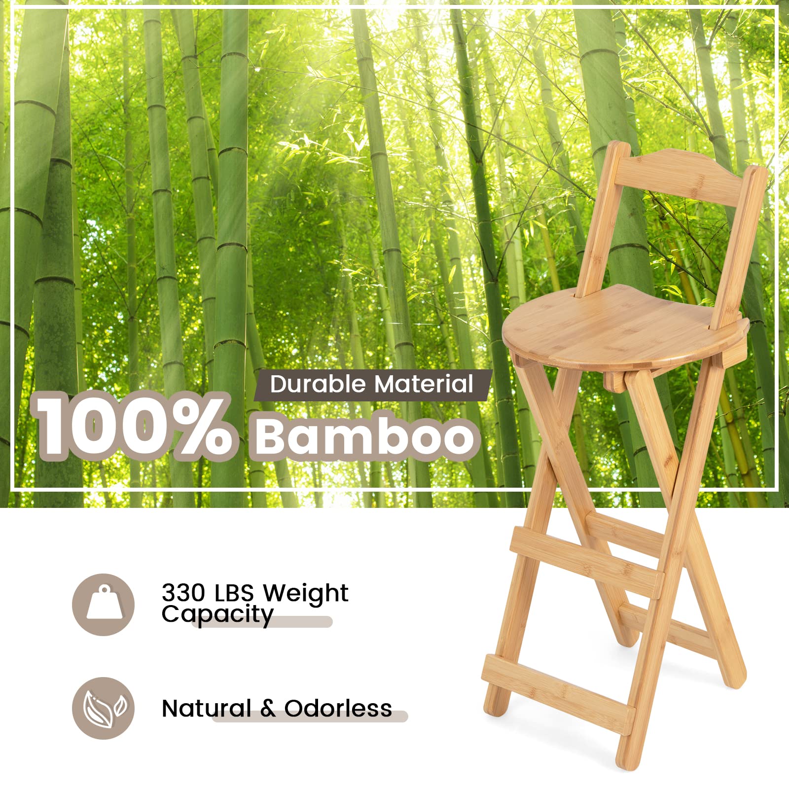 Folding Bamboo Bar Stools Set of 2/4, 24-inch Kitchen Counter Height Stools with Backrest and Footrest
