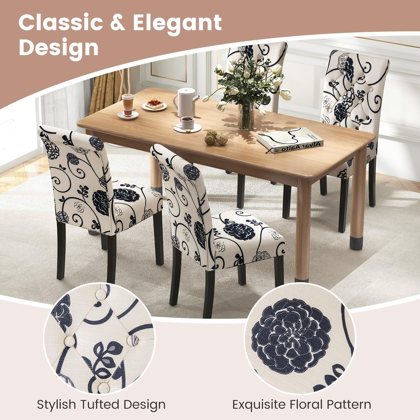 Upholstered Accent Dining Chairs Set of 2/4 with Adjustable Anti-Slip Foot Pads, High Back, Sturdy Wood Legs