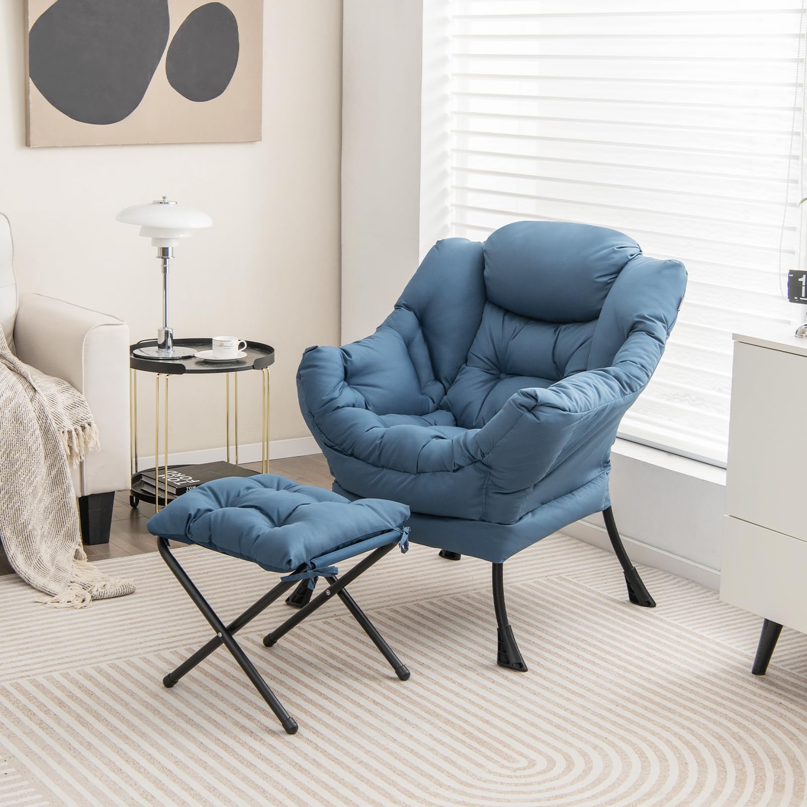 Lazy Sofa Chair with Ottoman, Upholstered Leisure Lounge Armchair with Folding Footrest, Side Storage Pocket