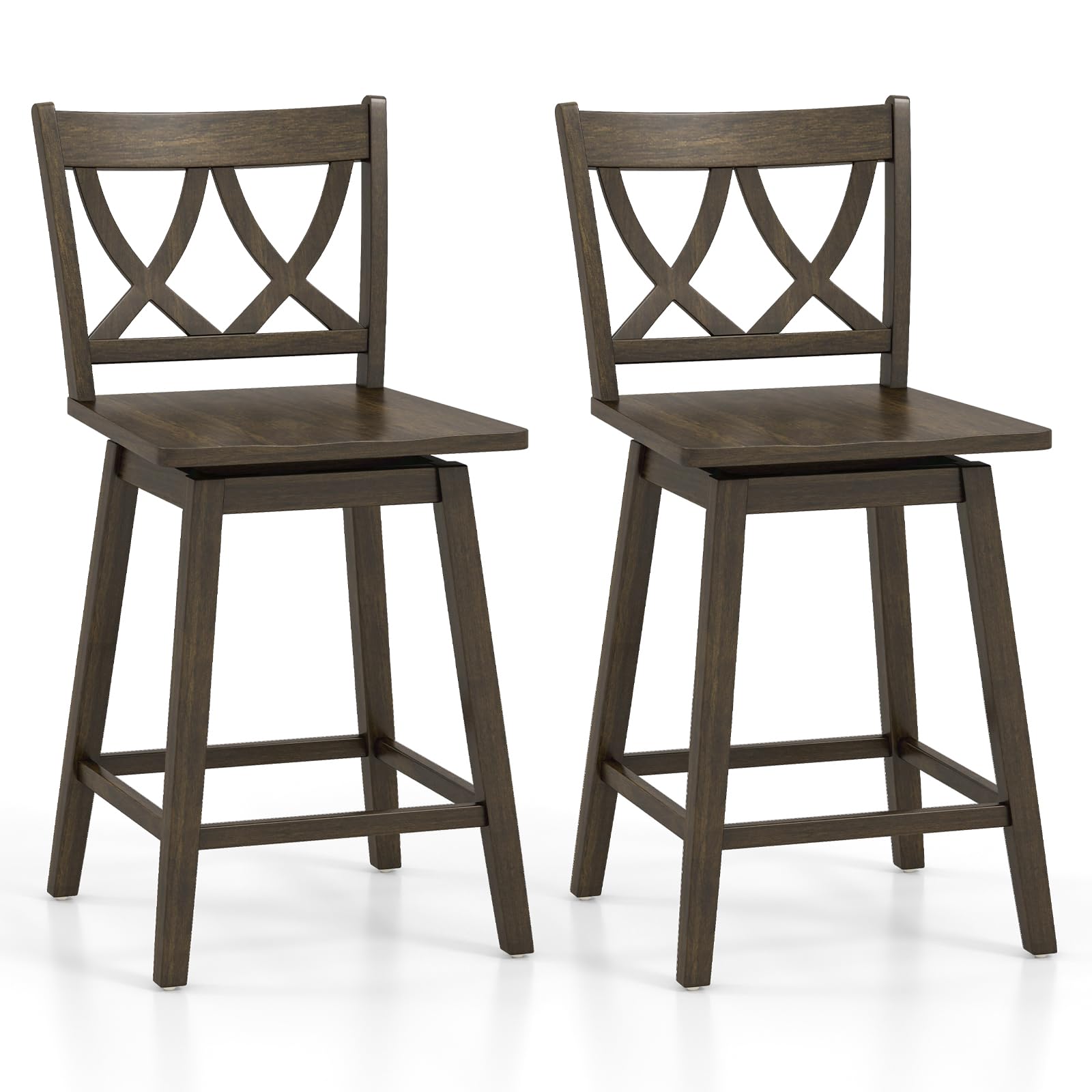 Swivel Wooden Bar Stools Set of 2/4 with Rubber Wood Frame, Footrest & Ergonomic Backrest