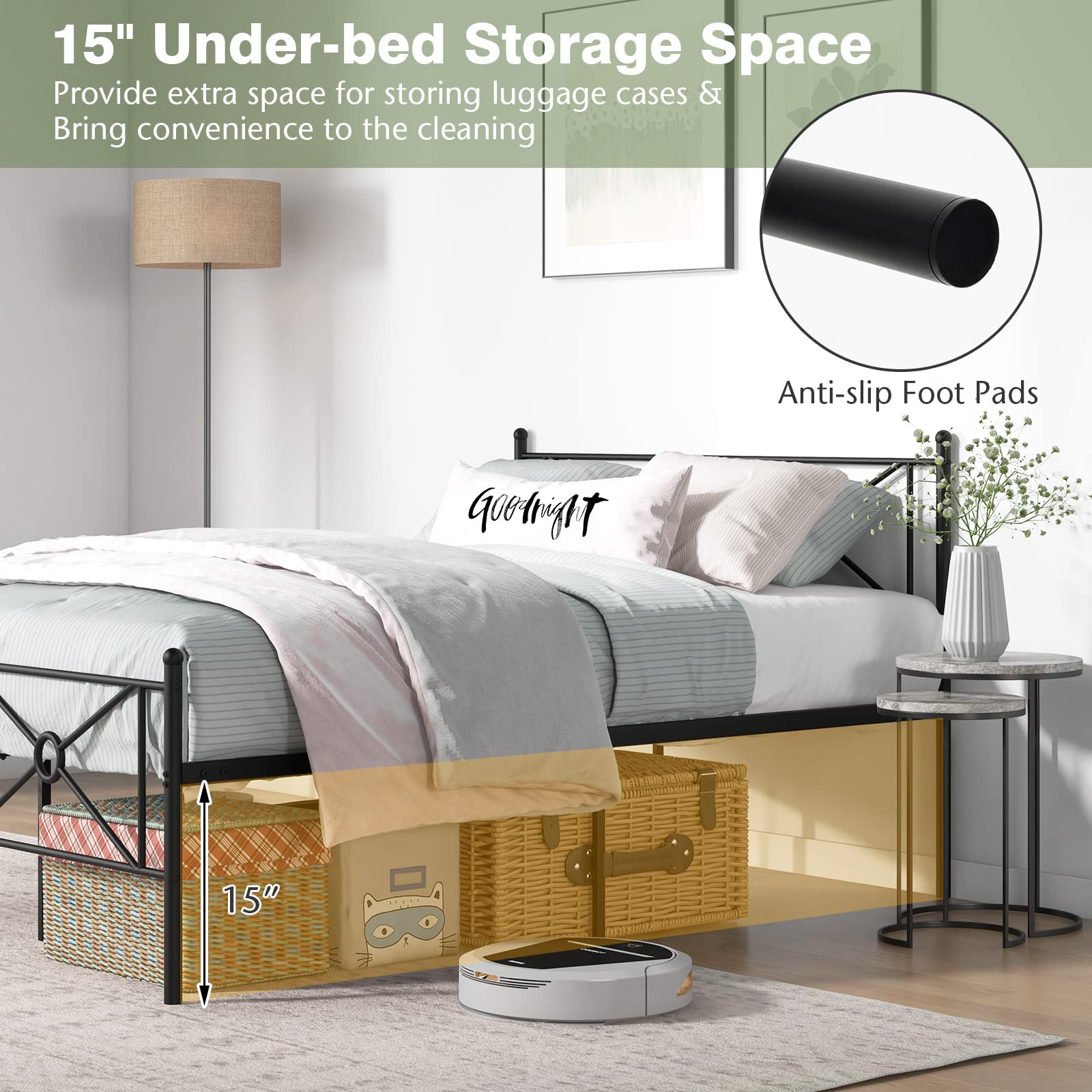 Metal Bed Frame with Headboard & Footboard, Stable Structure