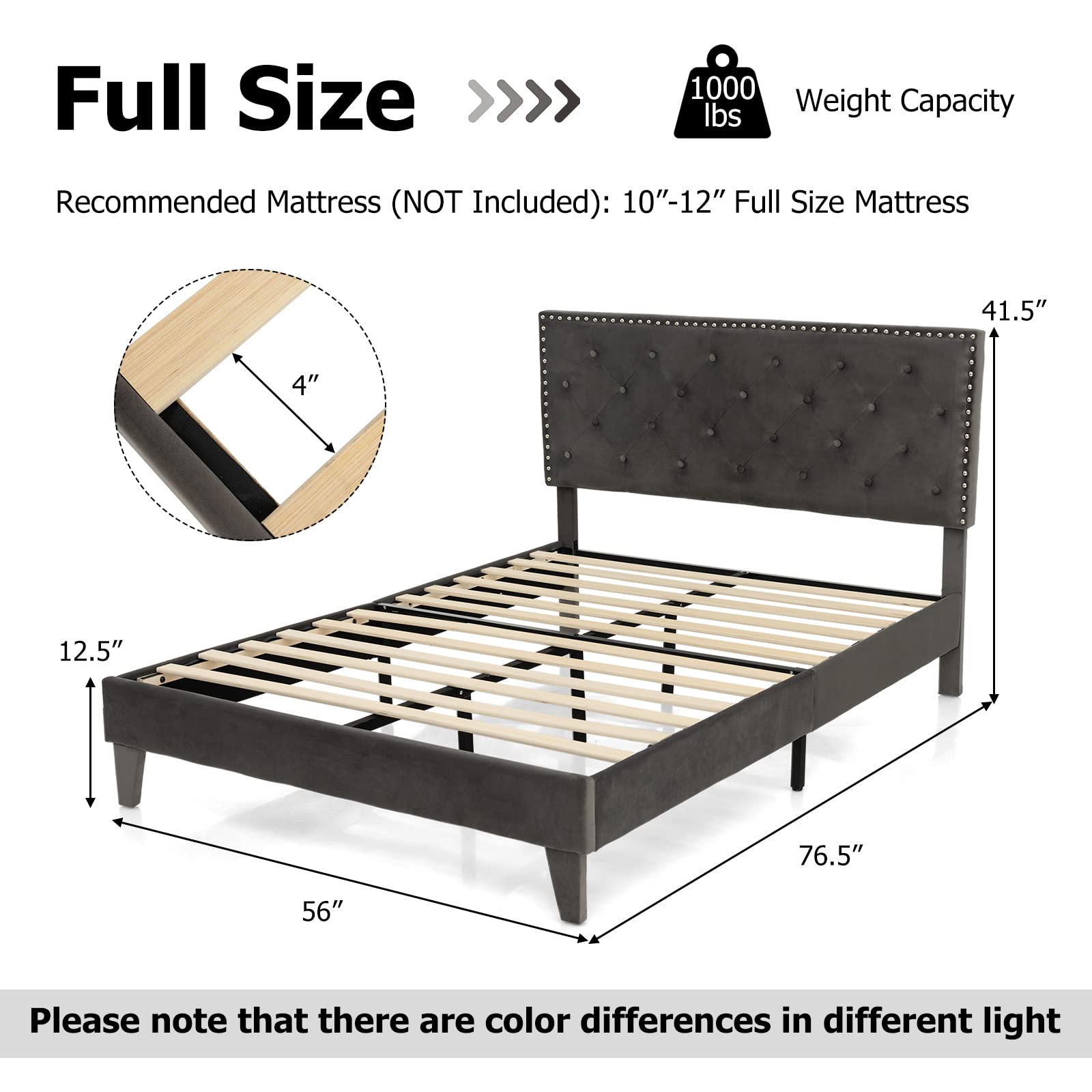Full/Queen Size Upholstered Bed Frame with Tufted Headboard & Soft-padded Footboard