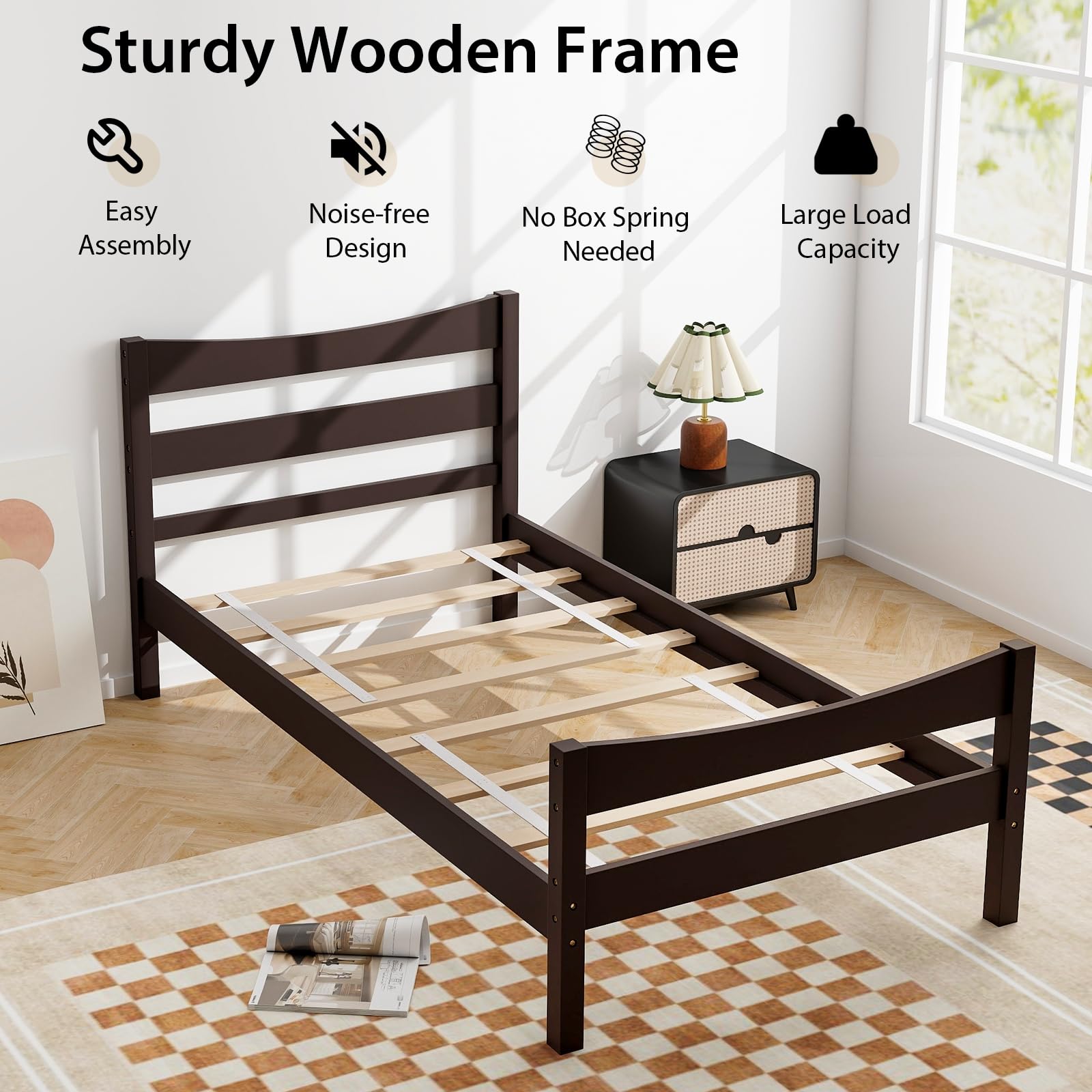 Twin Size Wood Bed Frame, Rustic Style Platform Bed w/Headboard & Footboard