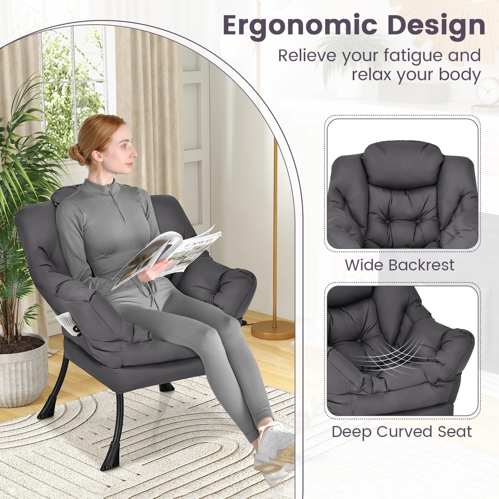 Modern Lazy Chair, Upholstered Single Sofa Chair w/Armrests & Side Pocket