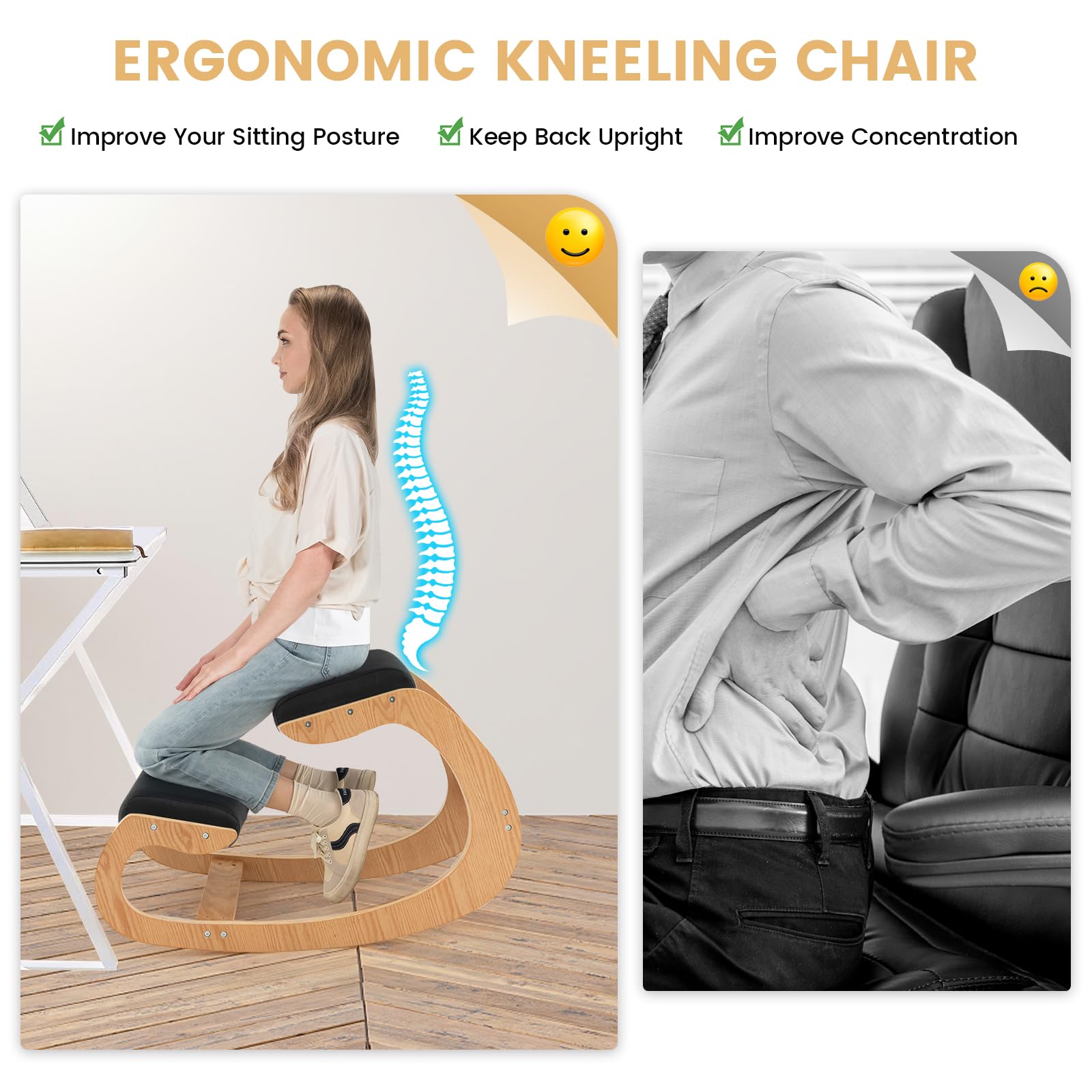 Ergonomic Kneeling Chair, Posture Chair for Desk with Cushion, Solid Wood Frame