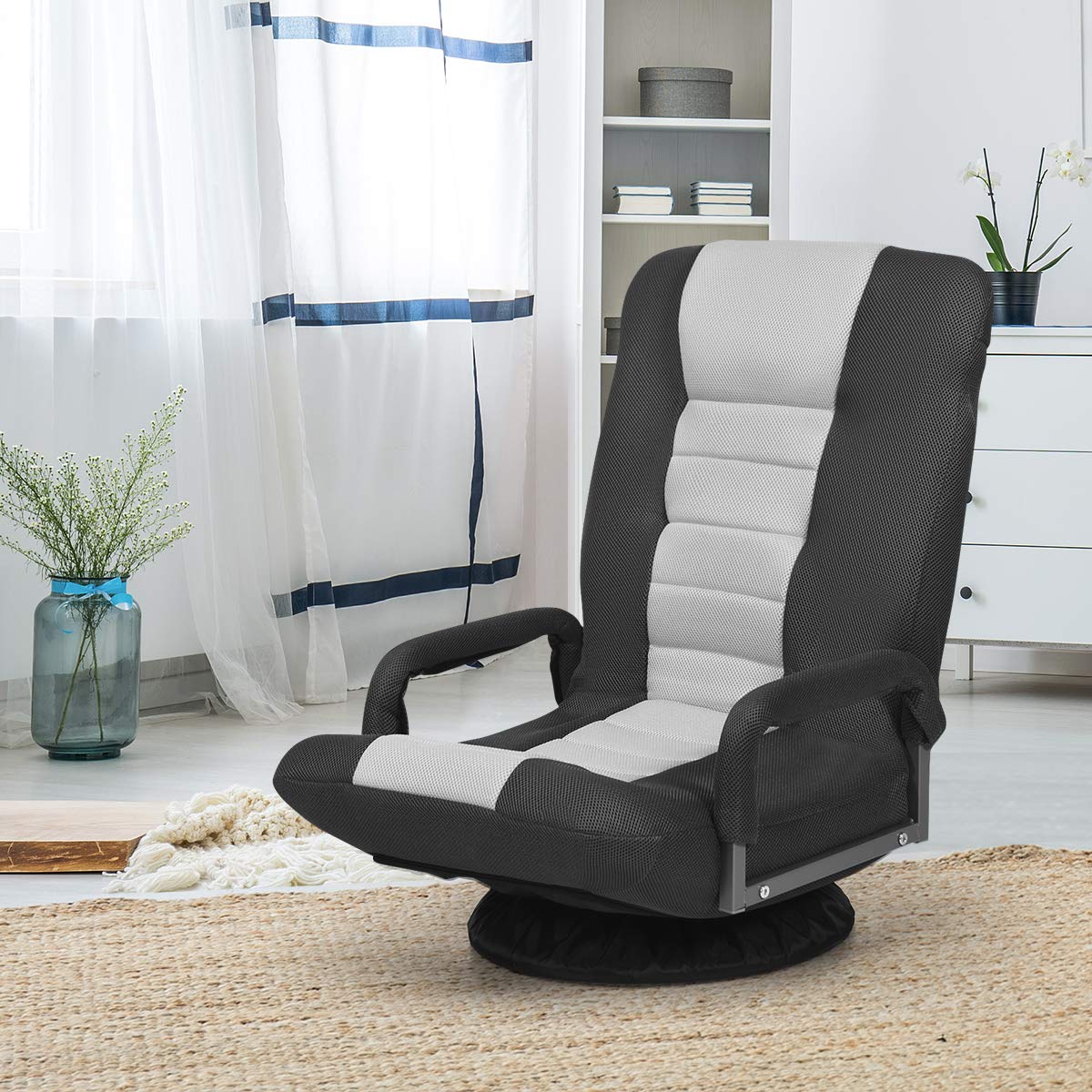 360-Degree Foldable Swivel Gaming Floor Chair With 6 Adjustable Position, Armrests, Padded Backrest