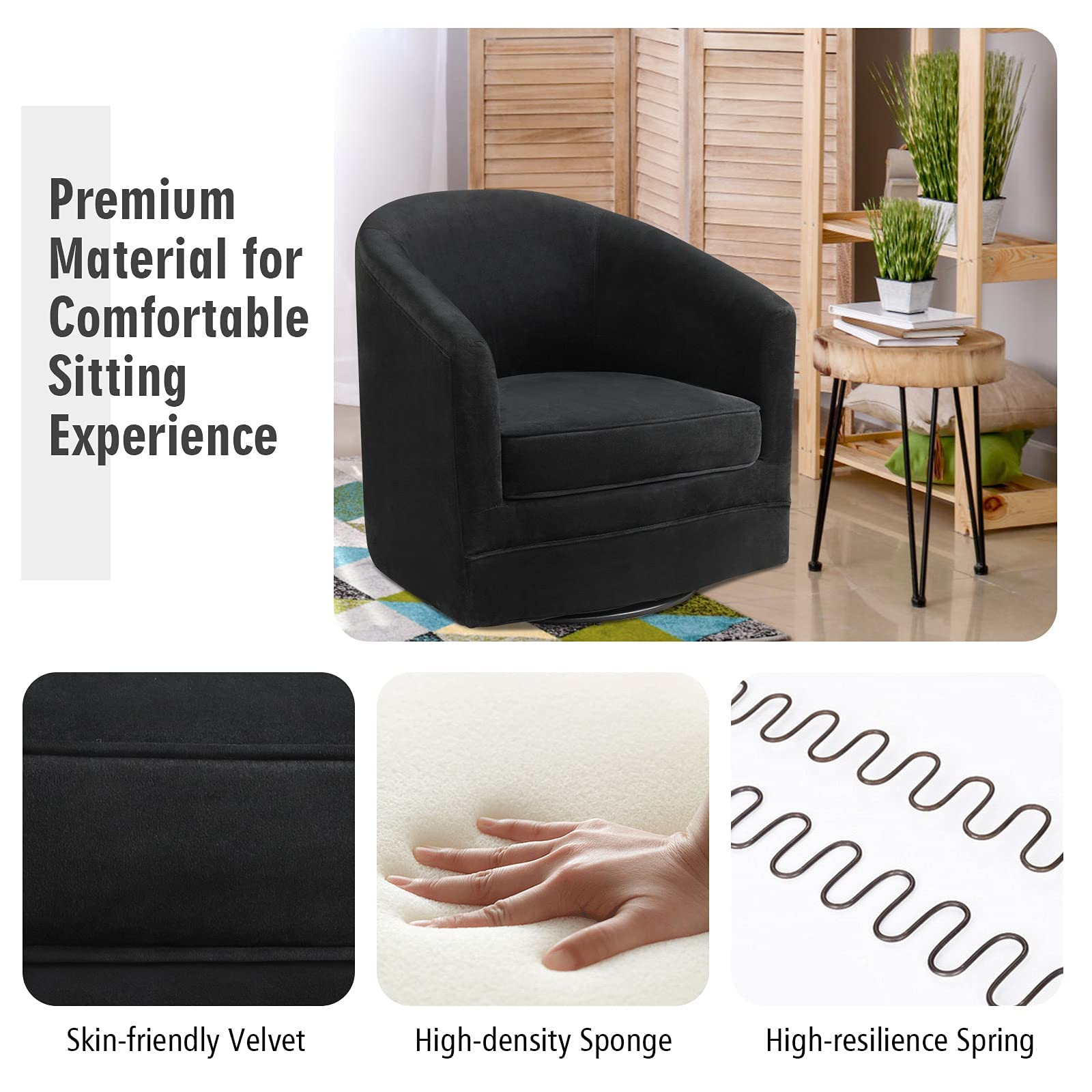 Velvet Round Barrel Chair with 360-Degree Swivel Metal Base, Black