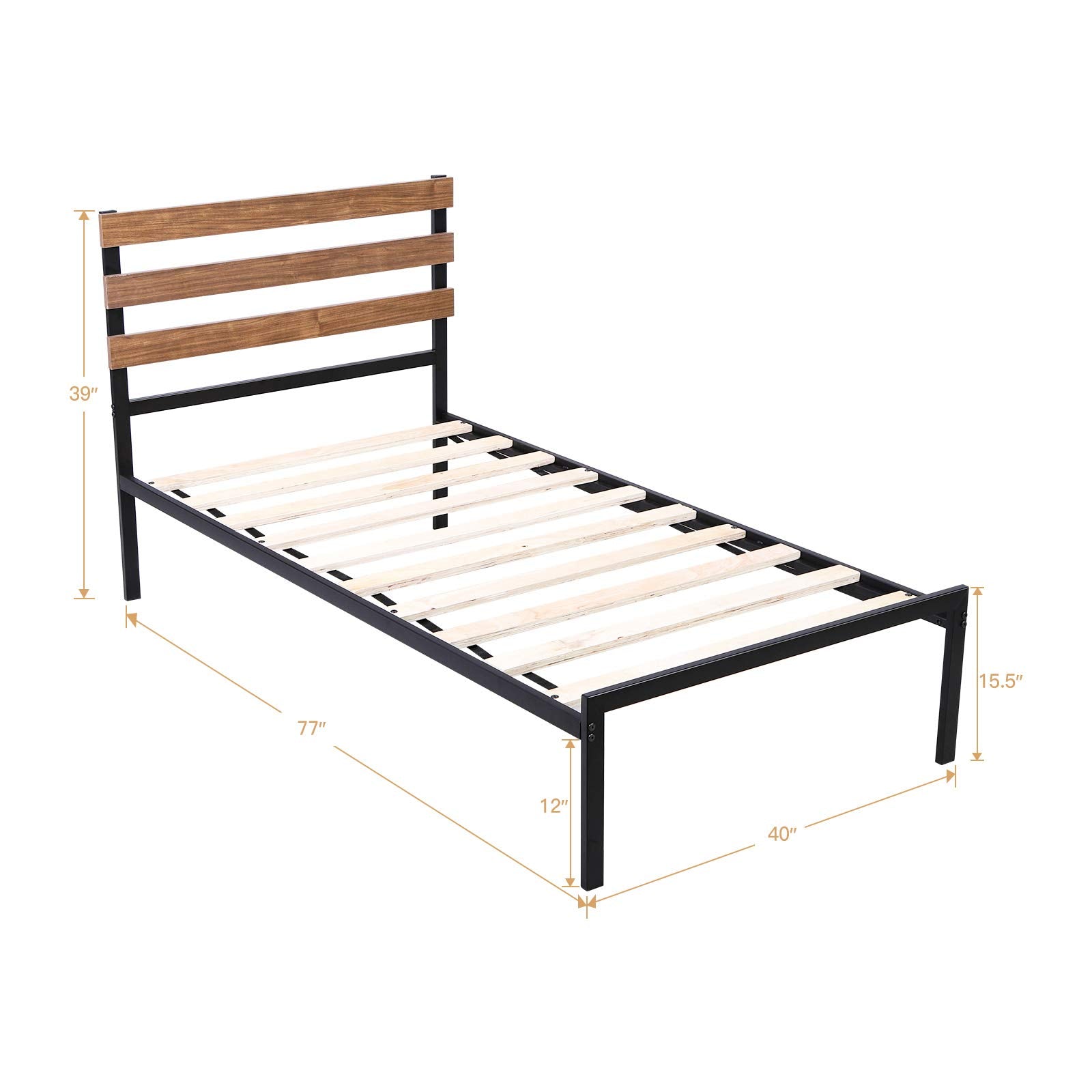 Metal Bed Frame with Wood Headboard and Slats
