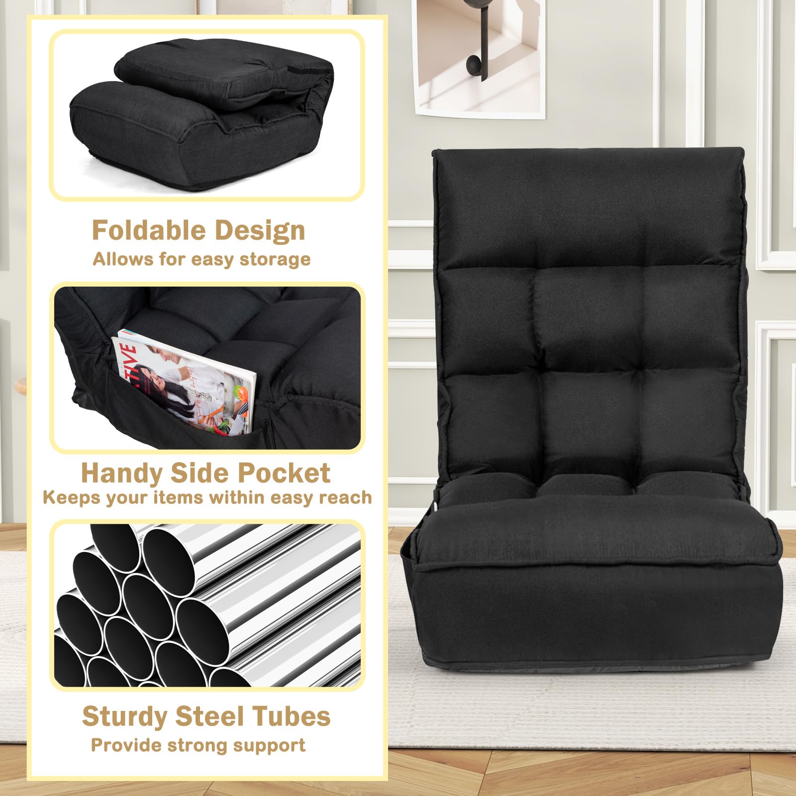  Folding Floor Lounge Chair with 5-Position Adjustable Head & 4-Position Adjustable Backrest