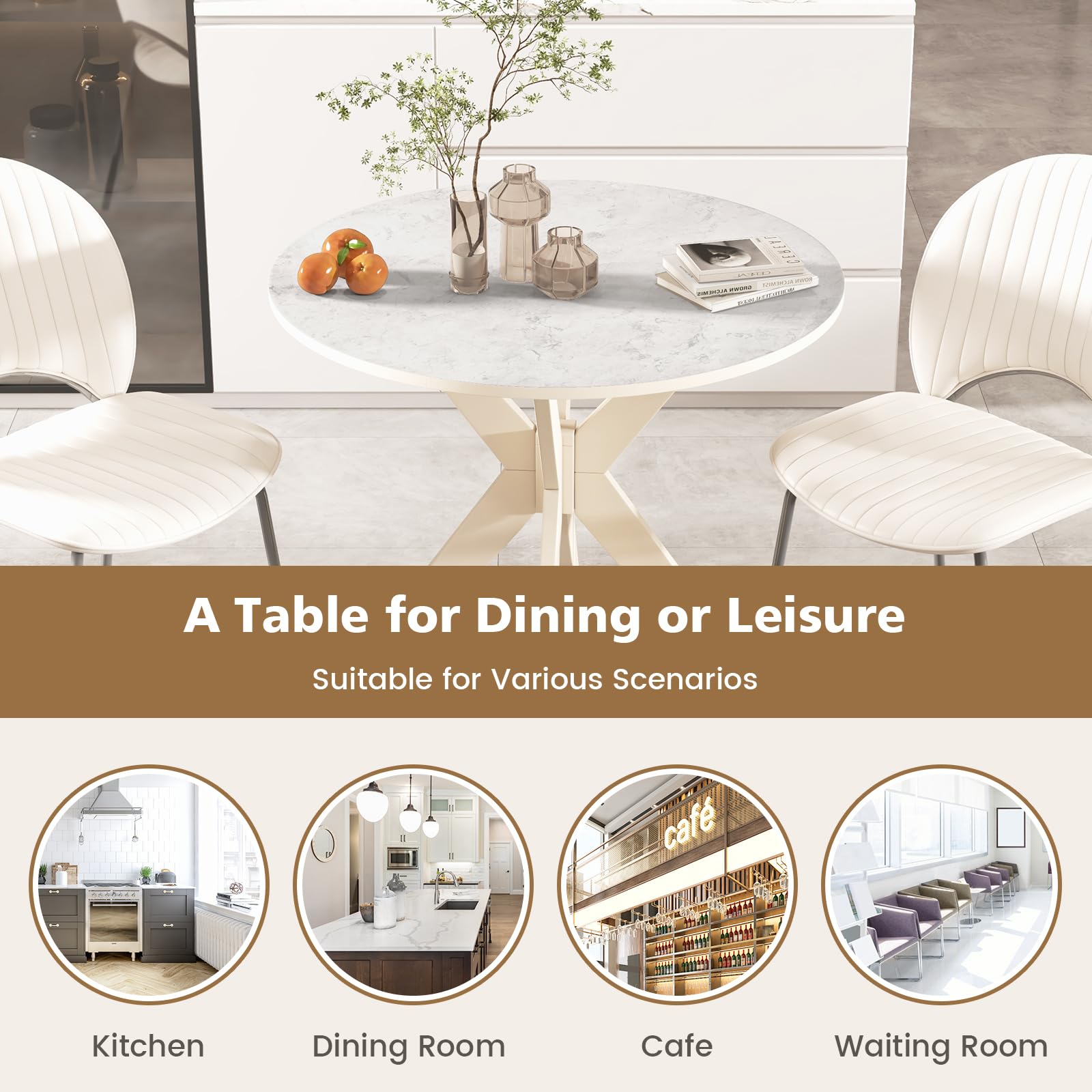 36" Round Dining Table, Solid Wood Kitchen Table with Intersecting Pedestal Base and Adjustable Foot Pads