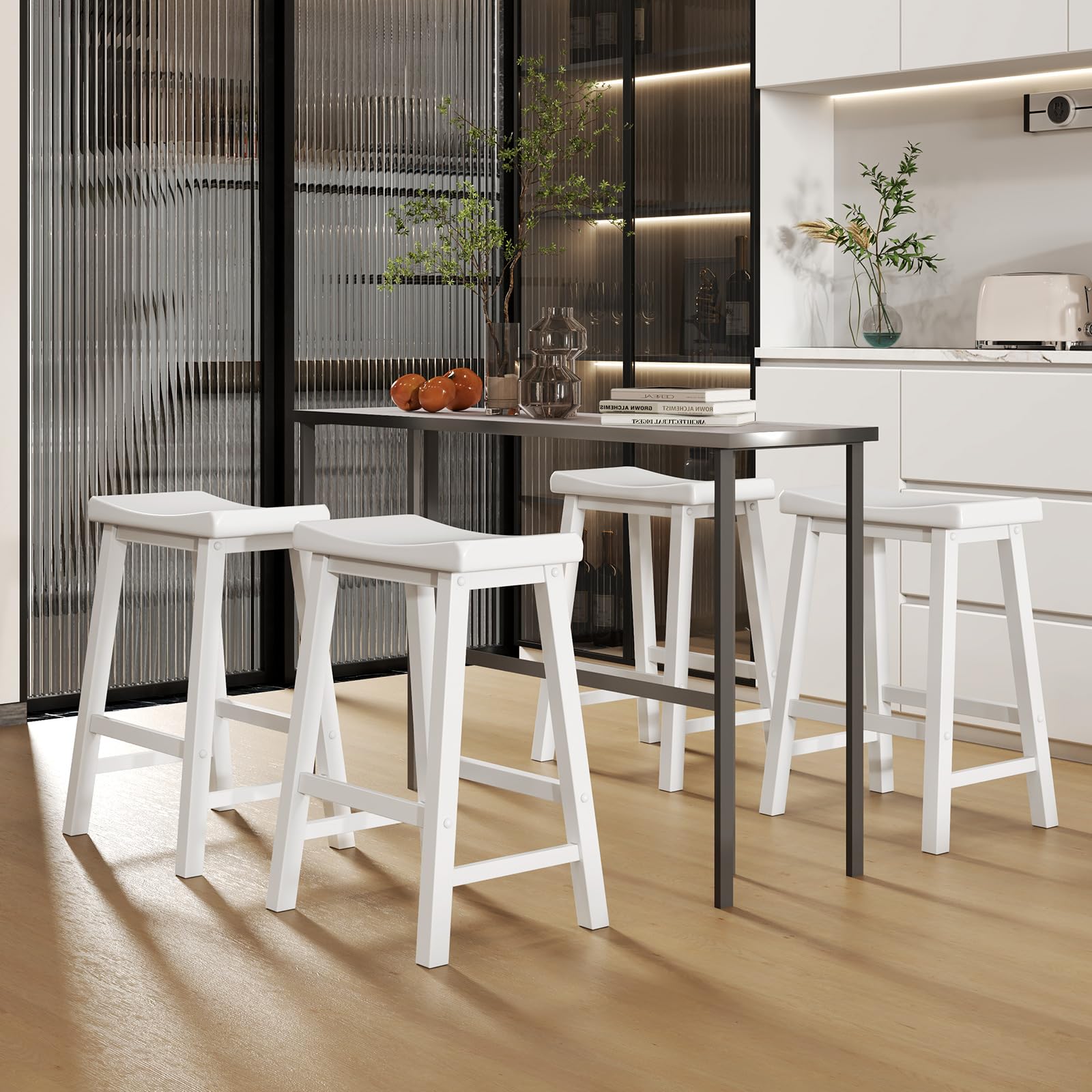 Saddle Stools Set of 2/4, 24-inch Counter Height Barstools with Solid Wood Legs & Footrests