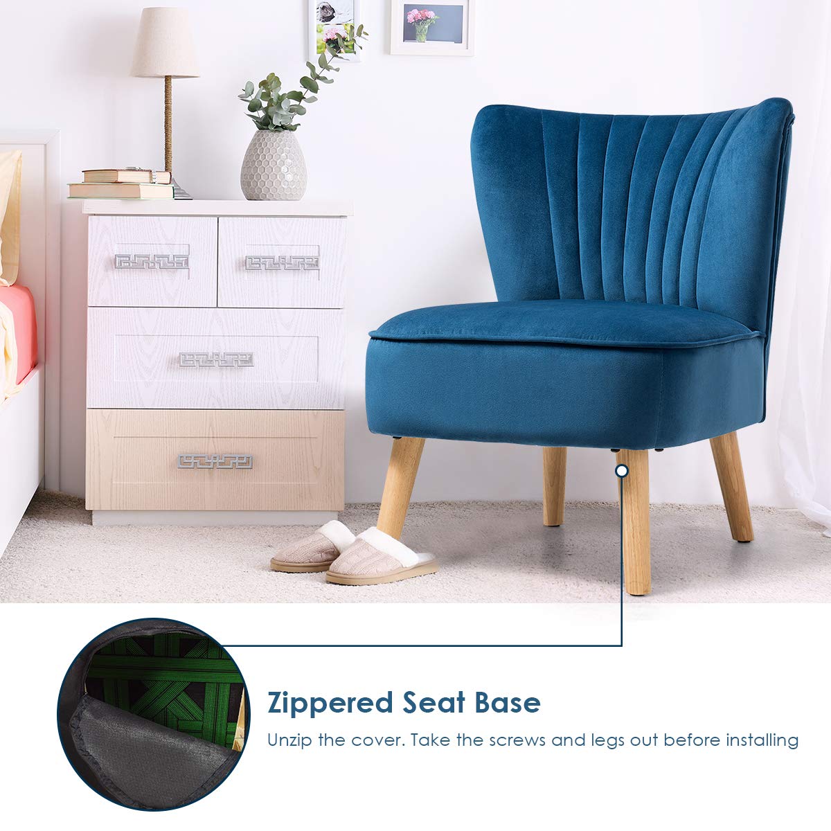 Velvet Accent Chair, Upholstered Modern Sofa Chair with Wood Legs & Thickly Padded