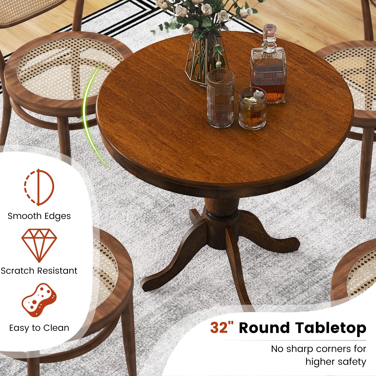 Round Dining Table for 2-4 People, 32" D X 30" H Wooden Kitchen Table with Spacious Table Top, Pedestal Base