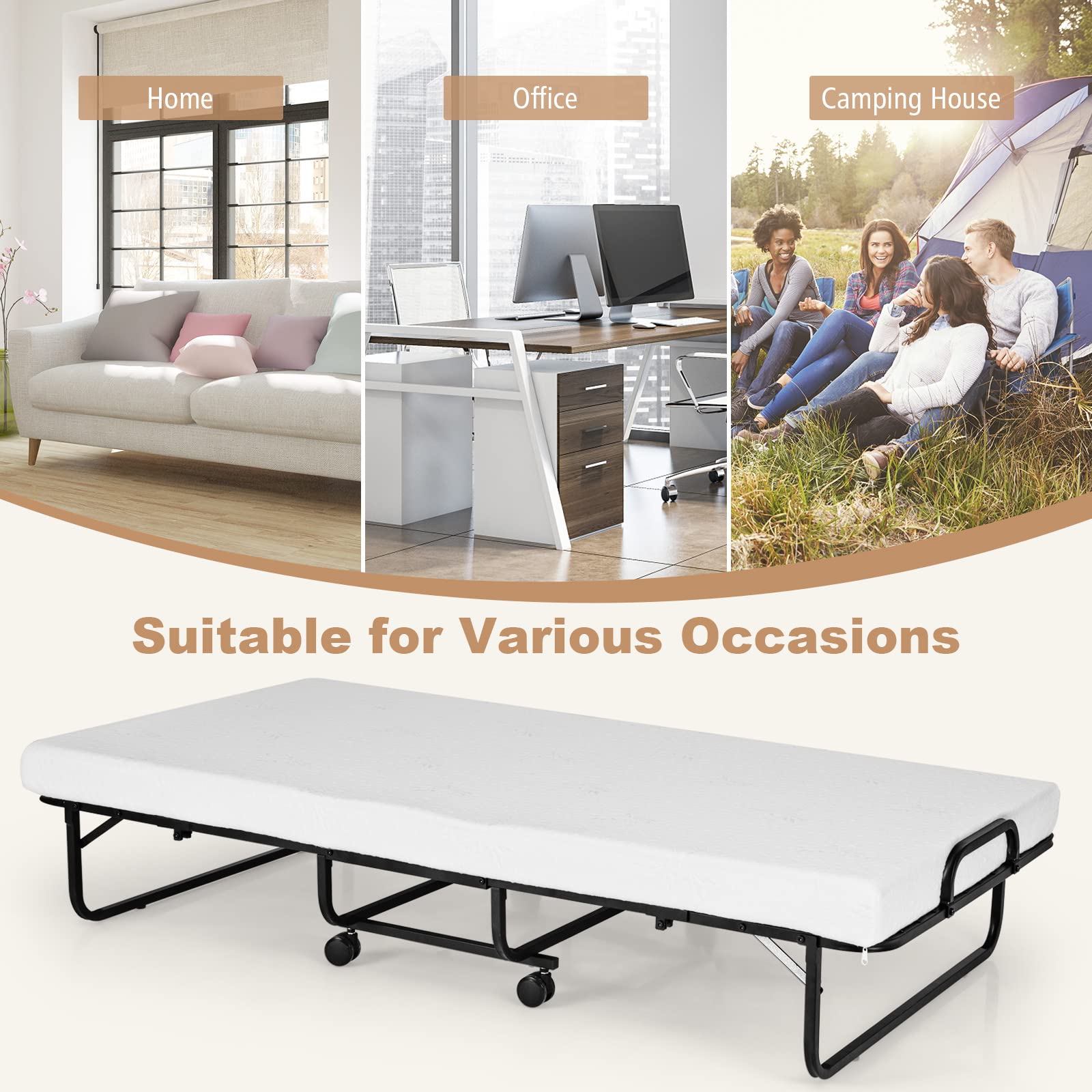 Folding Bed with 4" Mattress for Adults, Twin Size Rollaway Guest Beds w/Sturdy Metal Frame & Memory Foam Mattress