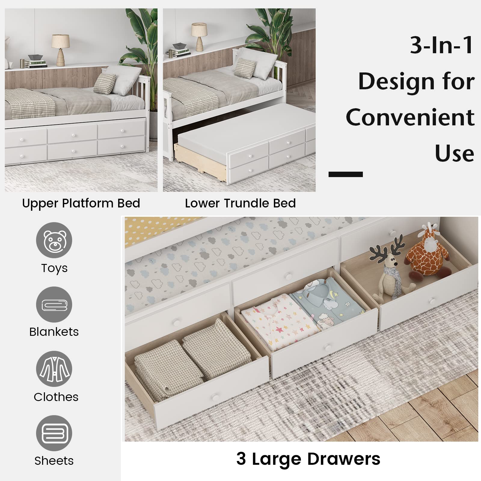 Twin Size Wooden Captain Daybed with Trundle and 3 Storage Drawers