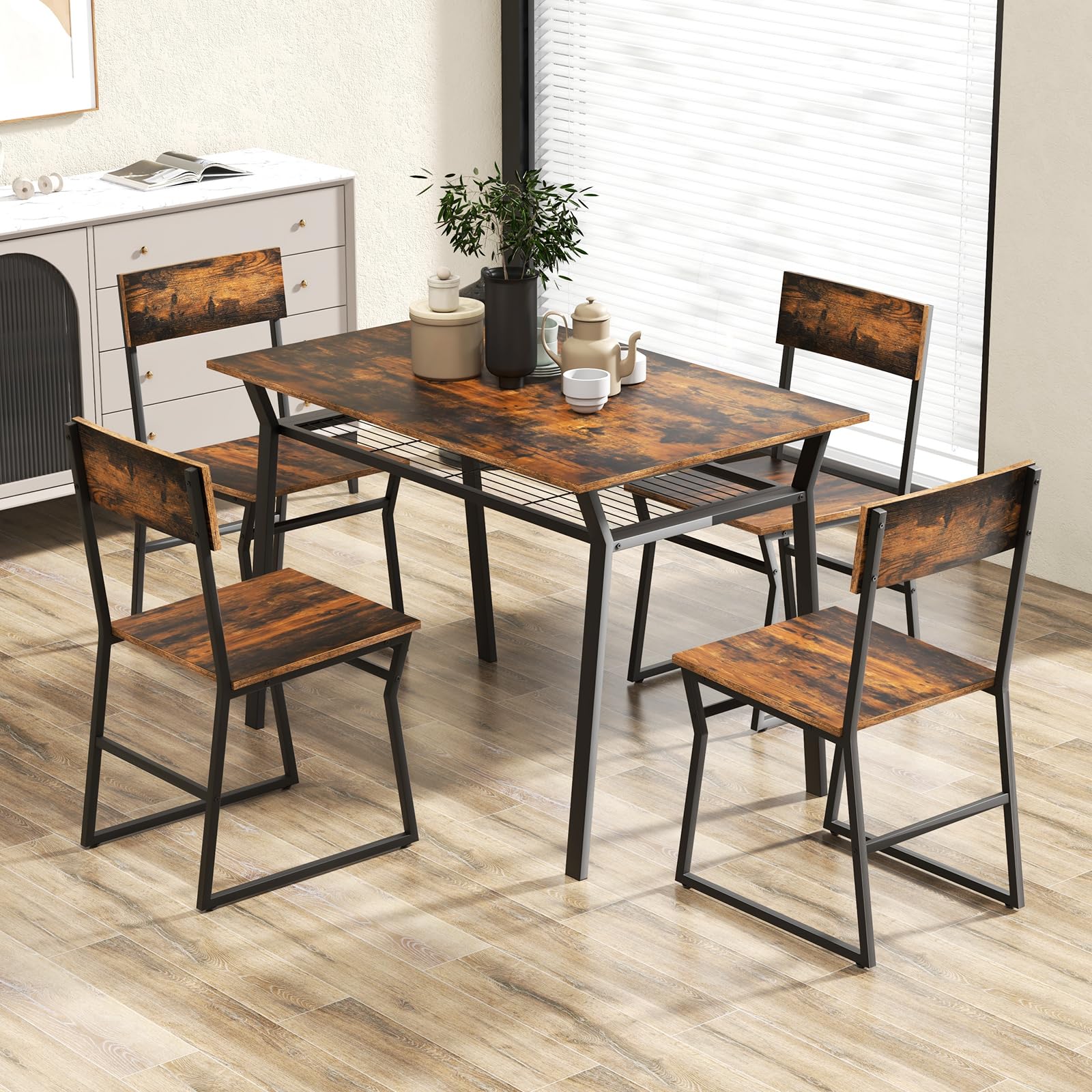 Dining Table Set for 4, 47&rdquo;L x 28&rdquo;W Rectangular Kitchen Table w/ 4 Trapezoid Chairs, Reinforced Metal Frame & Storage Rack