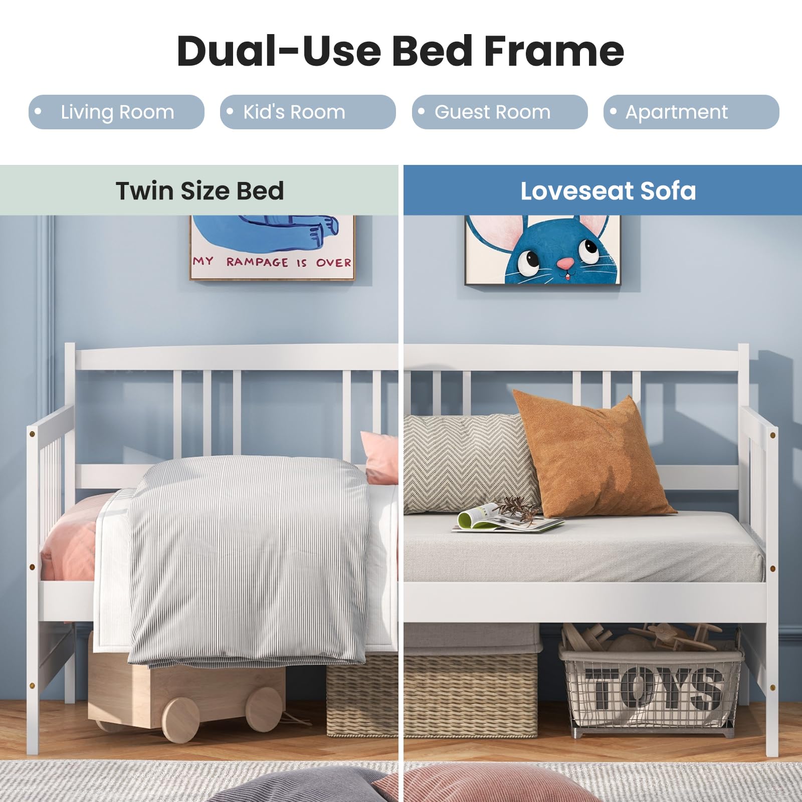 Twin Daybed Frame, Wooden Sofa Bed Guest Bed with Rails & Wood Slat Support