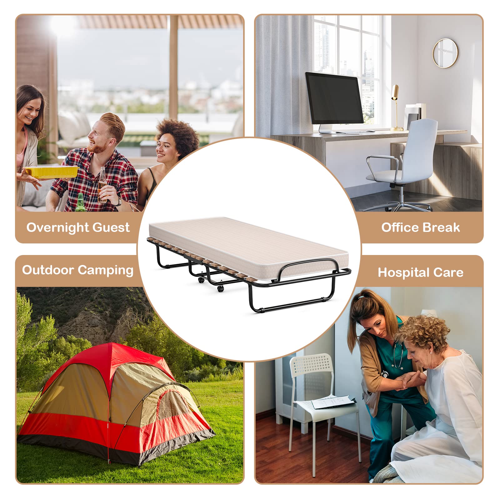 Folding Bed with Mattress for Adults, Rollaway Guest Beds w/Memory Foam Mattress & Metal Frame