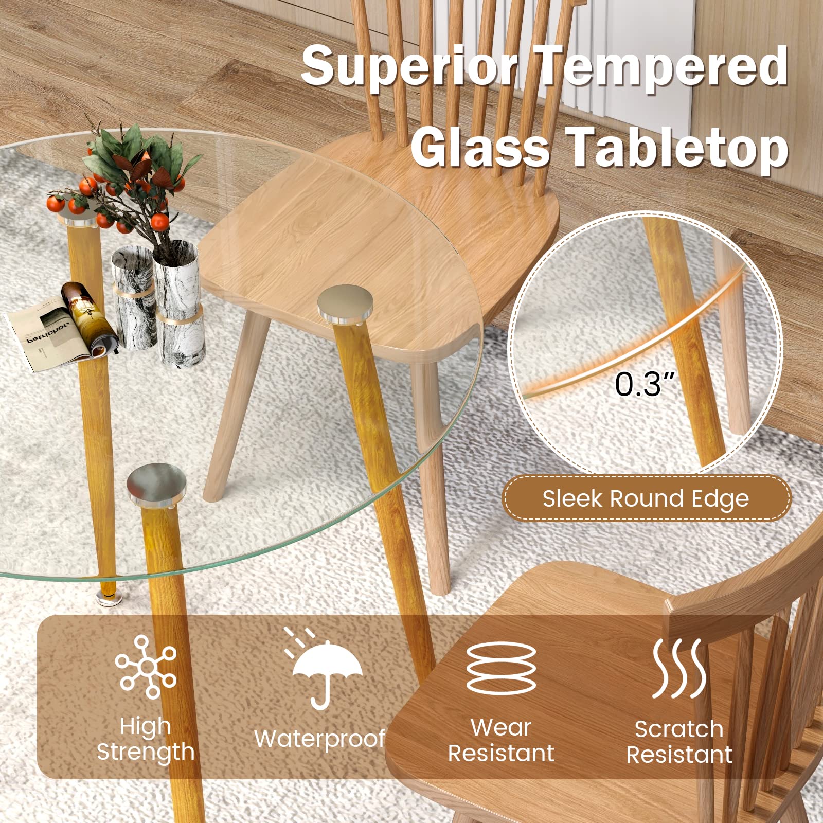 Round Glass Dining Table, 35.5" D x 30" H Kitchen Dinner Table w/Tempered Glass Tabletop & Metal Legs