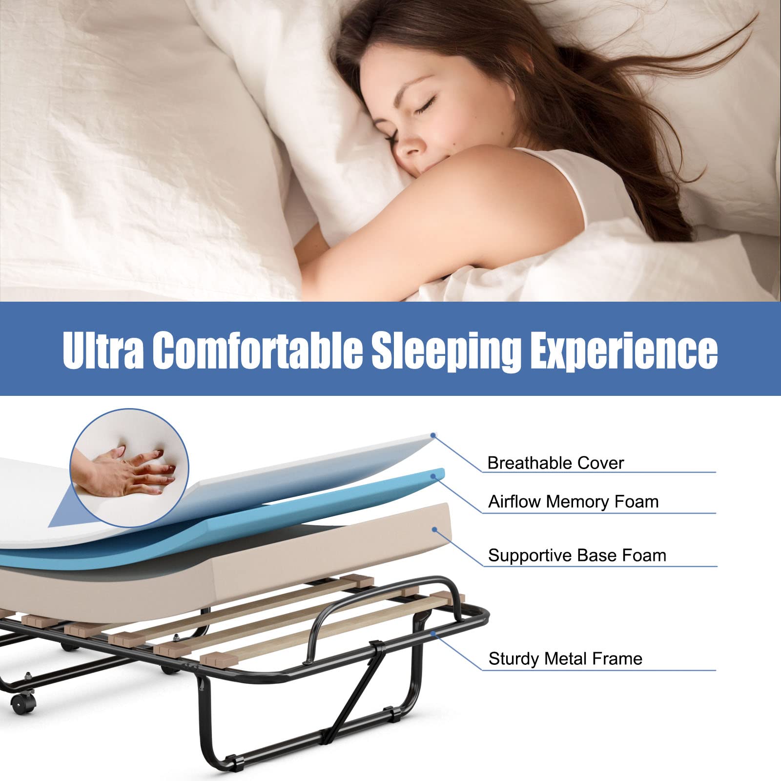 Portable Folding Rollaway Bed with Steel Frame & Memory Foam Mattress
