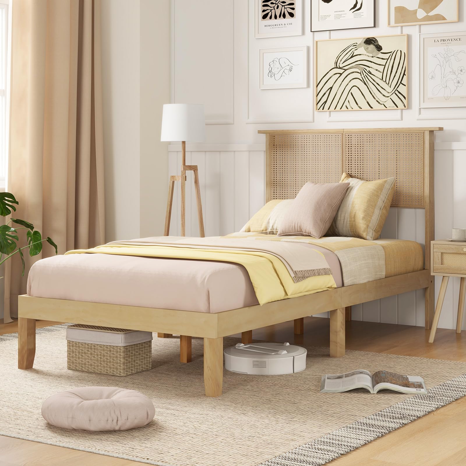 Wood Platform Bed Frame with Rattan Headboard, Wooden Slats & Under-Bed Storage