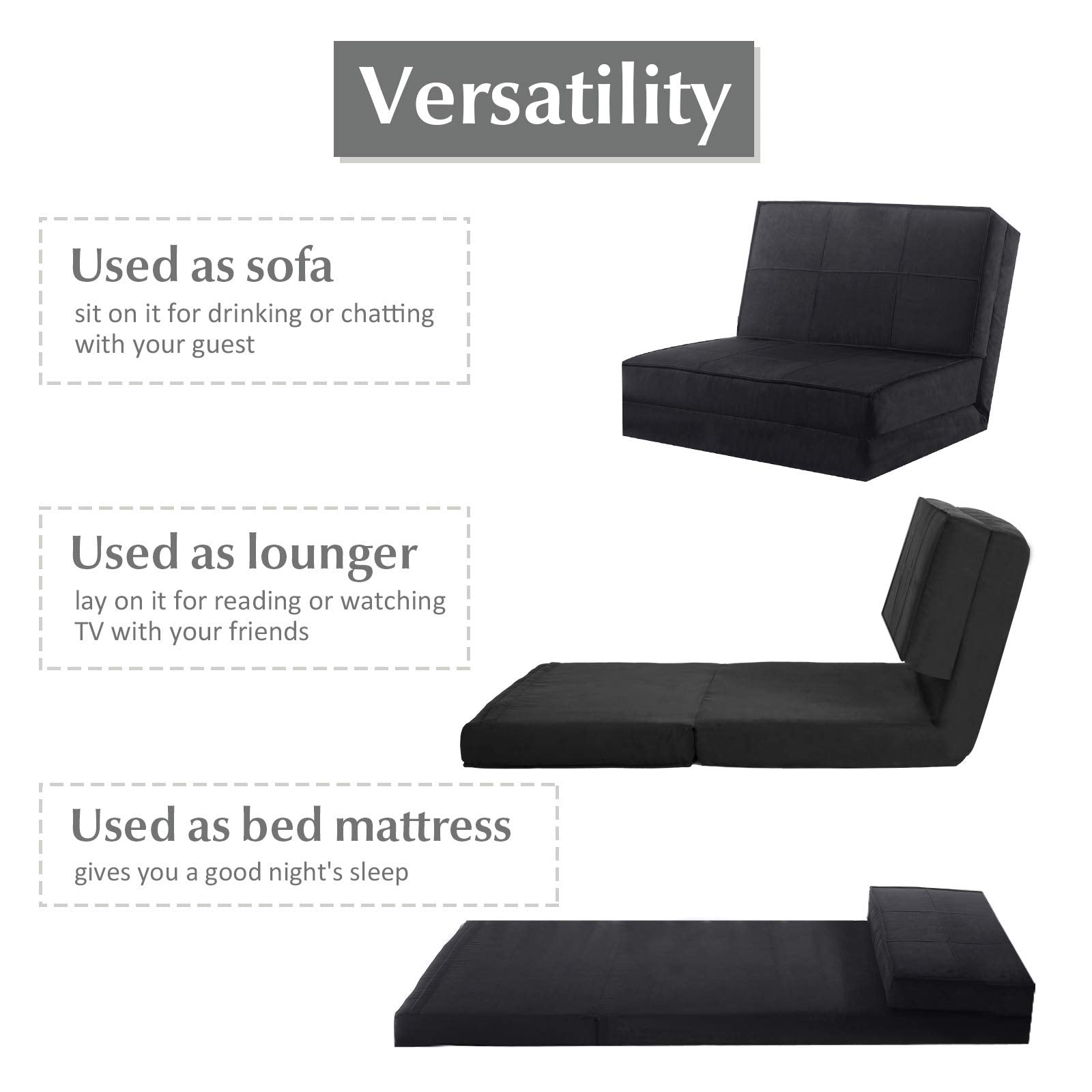5-Position Adjustable Convertible Flip Chair, Sleeper Dorm Game Bed Couch Lounger Sofa Chair Mattress