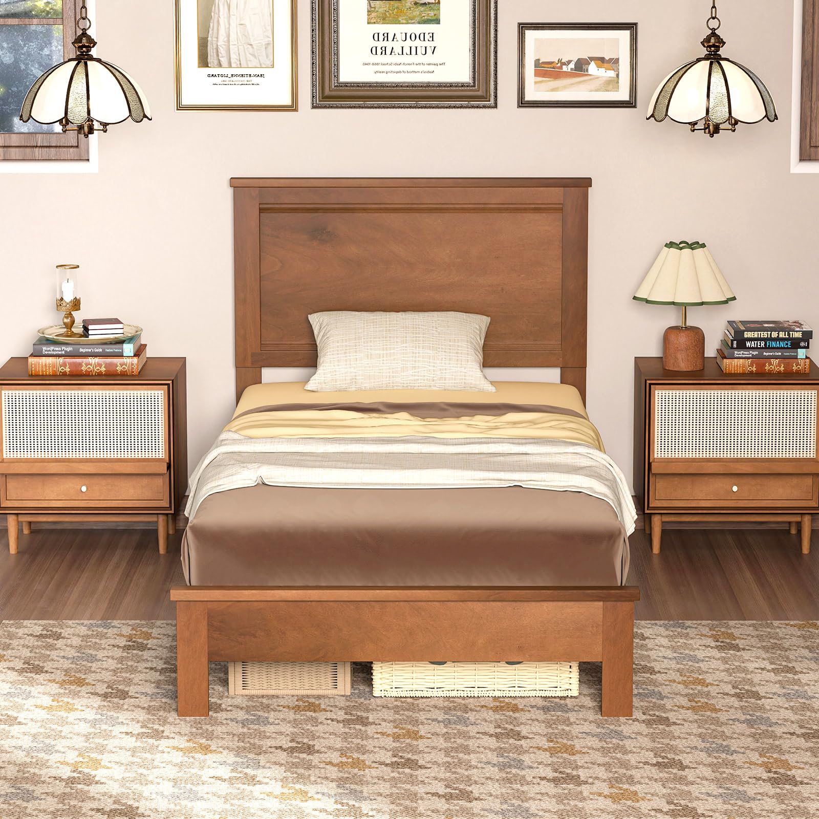 Wood Platform Bed Frame with Headboard, Mid Century Platform Bed Frame with Solid Wood Legs & Wooden Slat Support