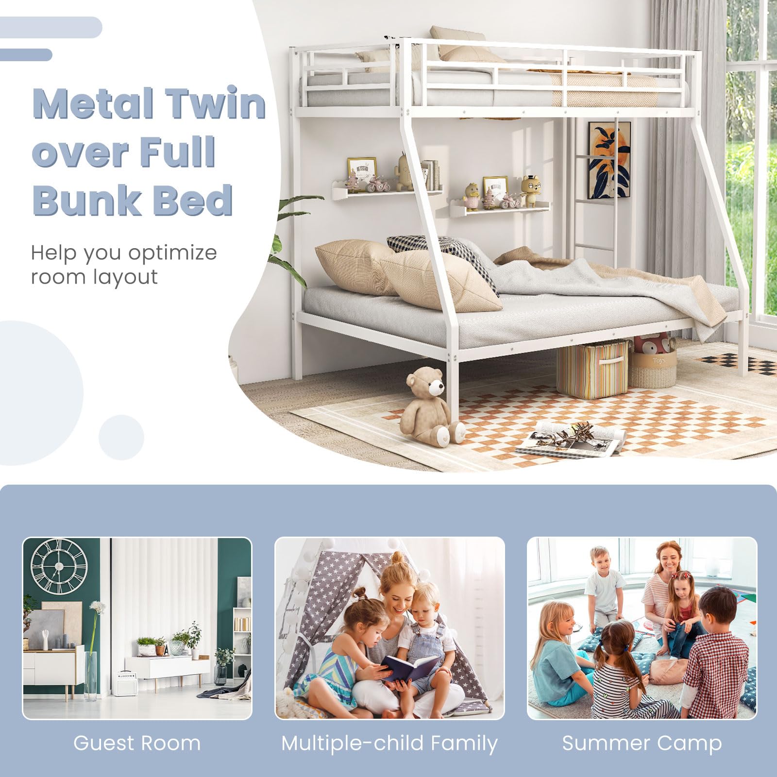 Metal Twin Over Full Bunk Bed, Heavy Duty Bed Frame with Integrated Ladder, Full-Length Guardrails for Teens & Adults