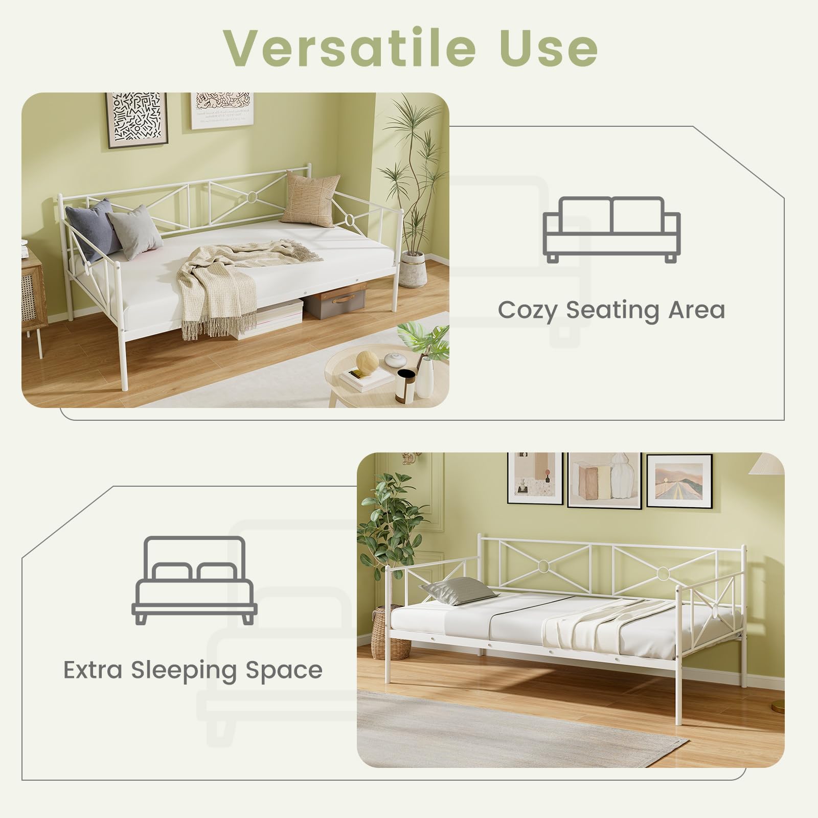 Twin Size Metal Daybed, Multifunctional Sofa Guest Bed with Headboard